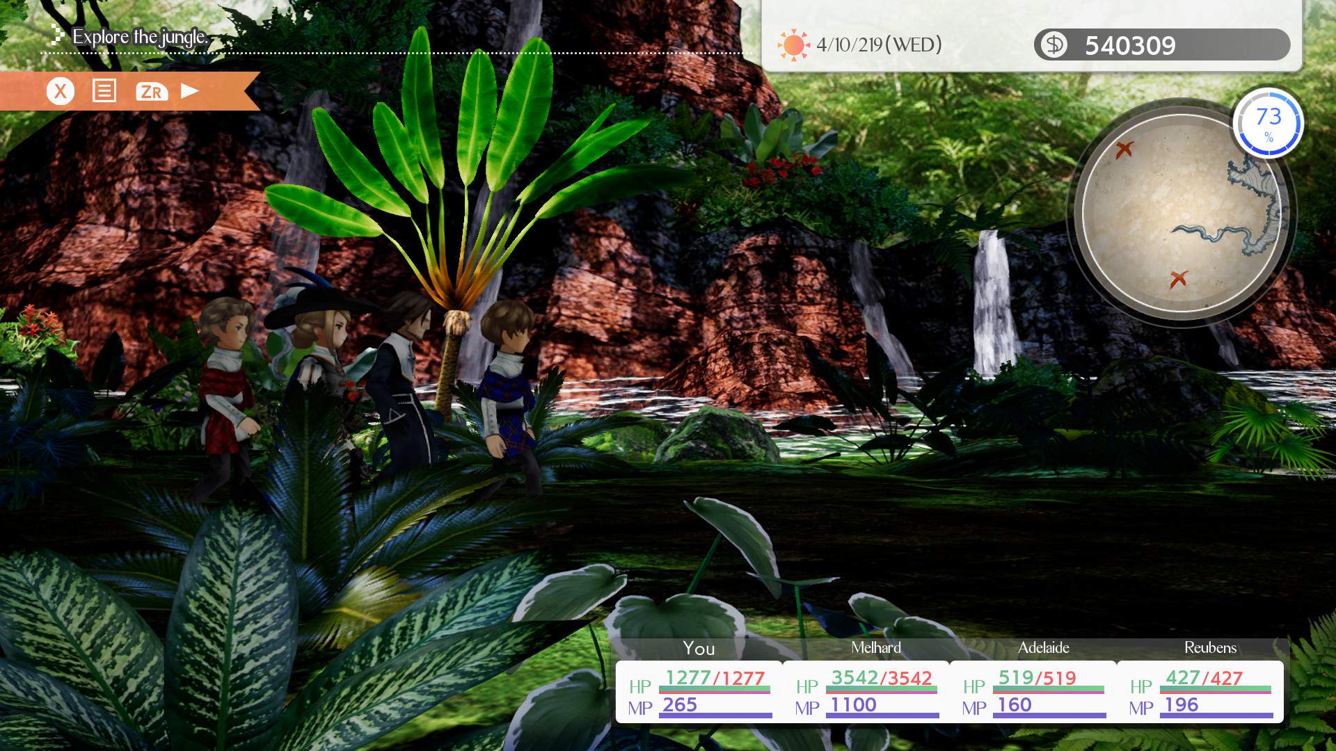 Gameplay-Screenshot einer Vierergruppe, die auf einer Expedition einen Dschungel erkundet.