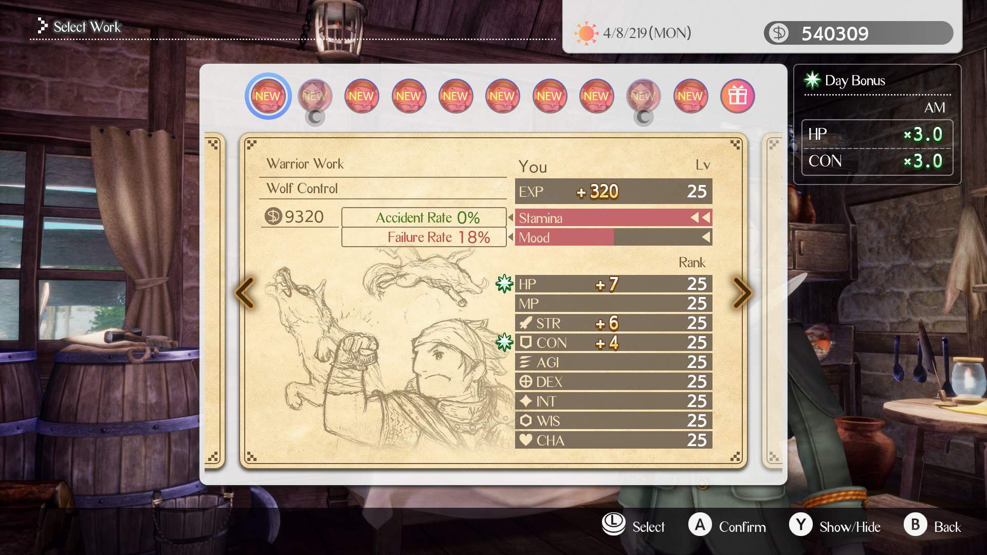 Gameplay screenshot showing a work selection screen with various stats and information