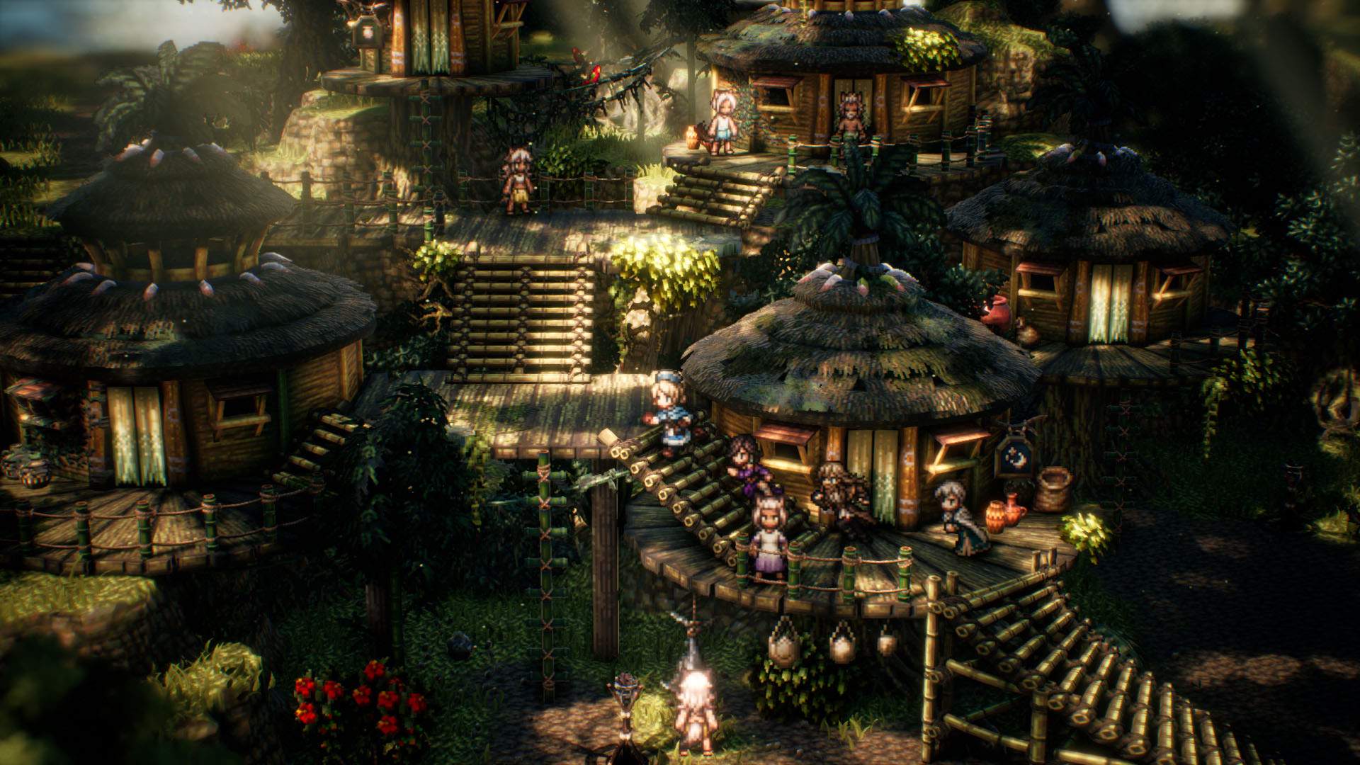 Un groupe de 4 personnages traversant un village où tout est fait en bois.