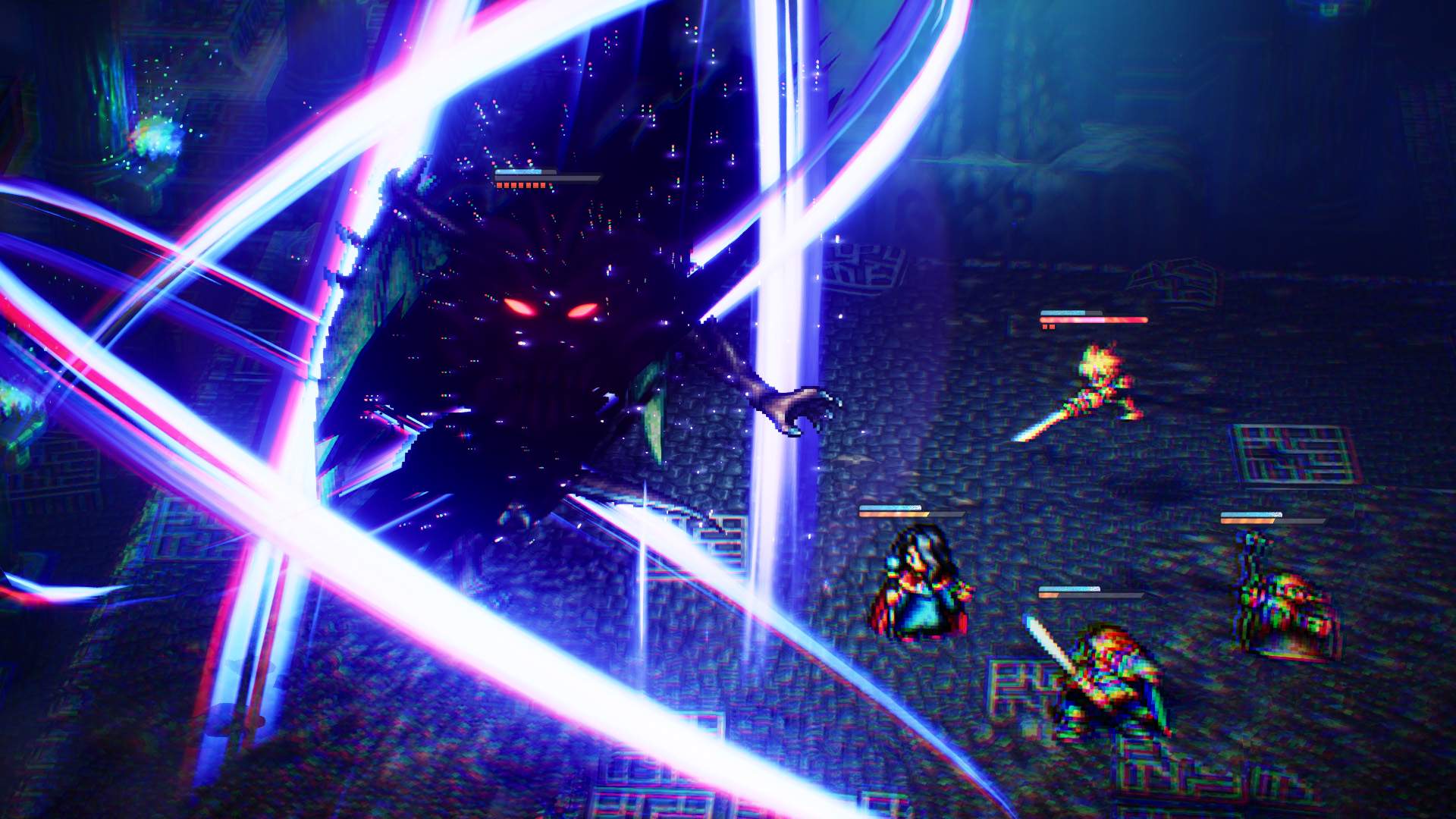 Characters in a battle with a large dark purple figure with red eyes.