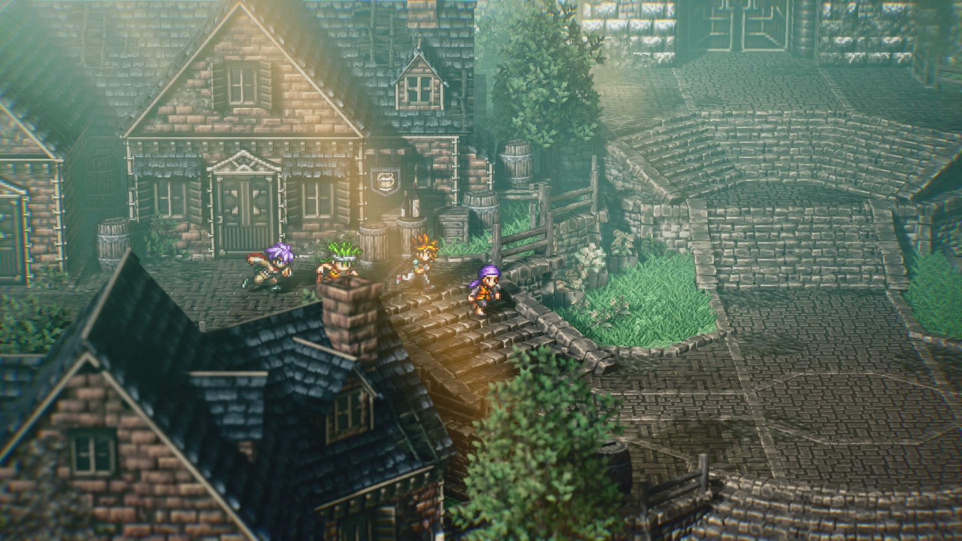 Cuatro personajes caminando por una aldea de aspecto tradicional. 