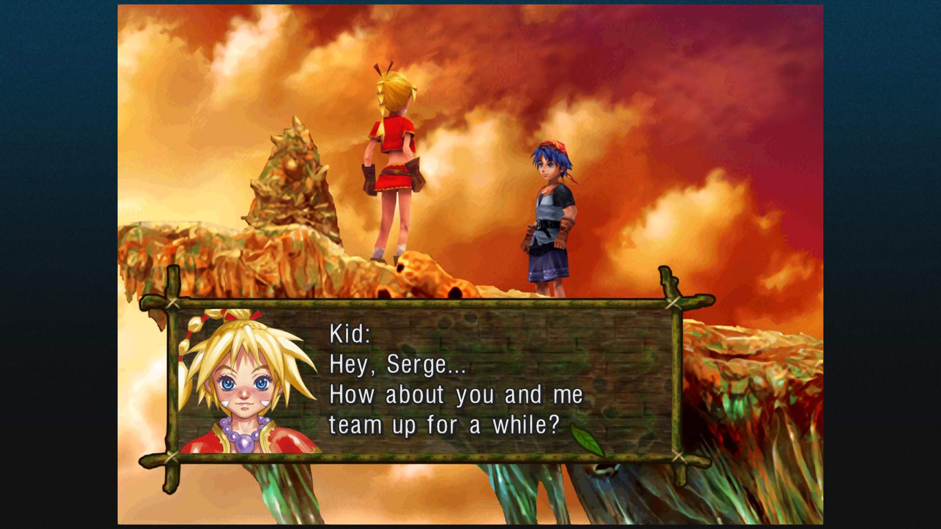 Gameplay de Kid et Serge au bord d'une falaise, accompagné d'un dialogue dans une fenêtre.