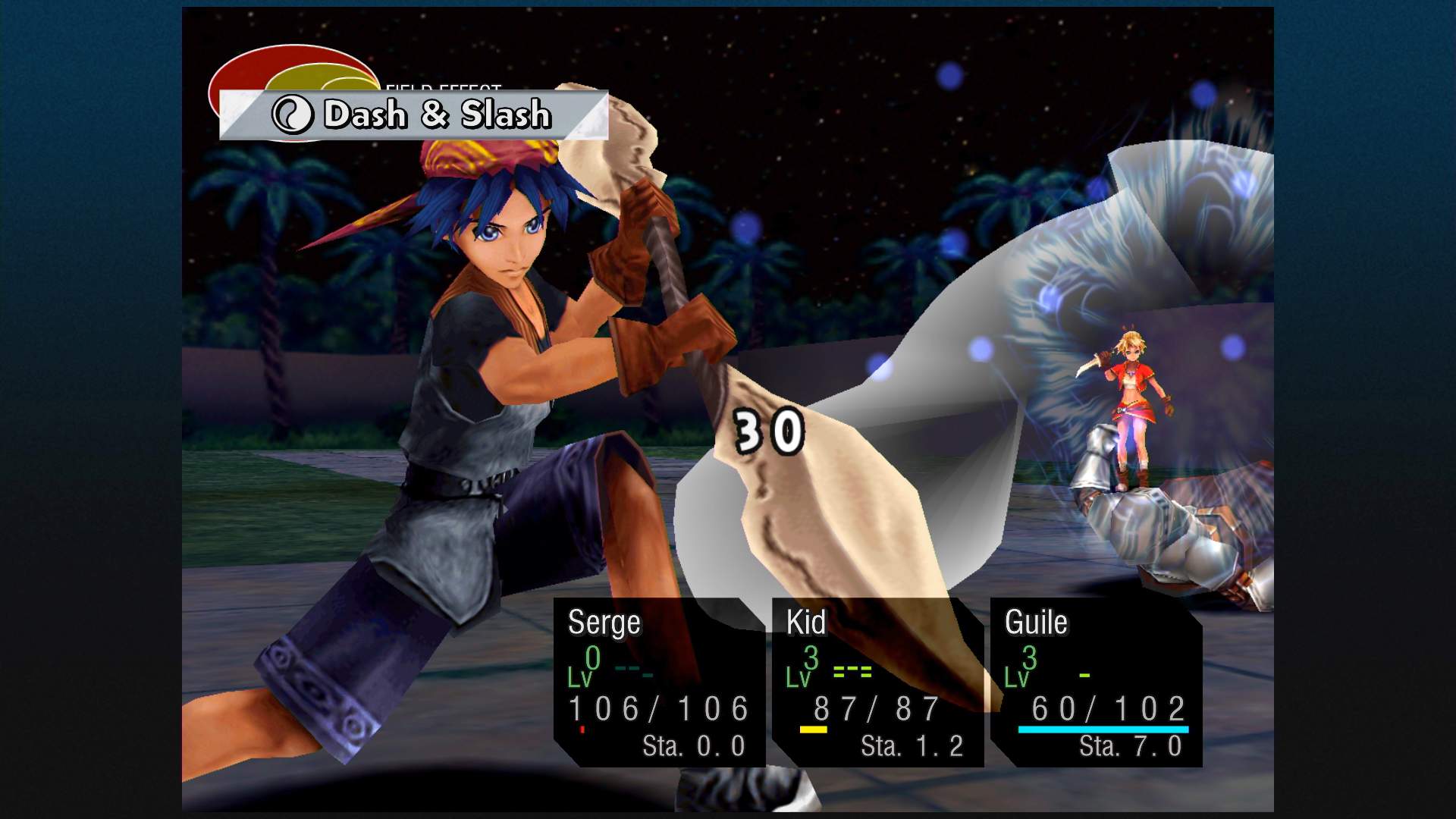 Gameplay de combat montrant Serge de CHRONO CROSS utilisant une attaque.