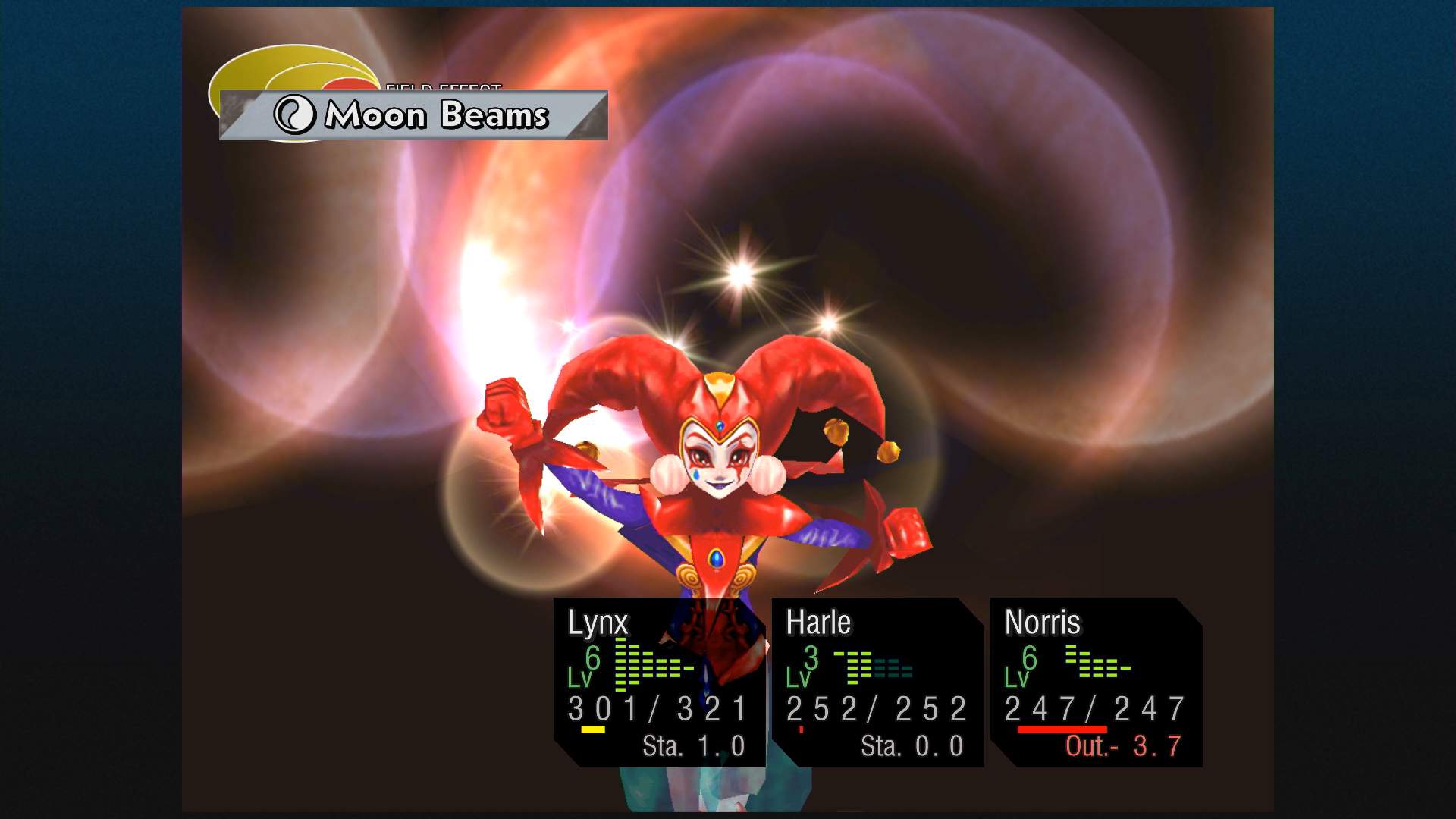 Gameplay de combat montrant Harle de CHRONO CROSS utilisant une attaque.