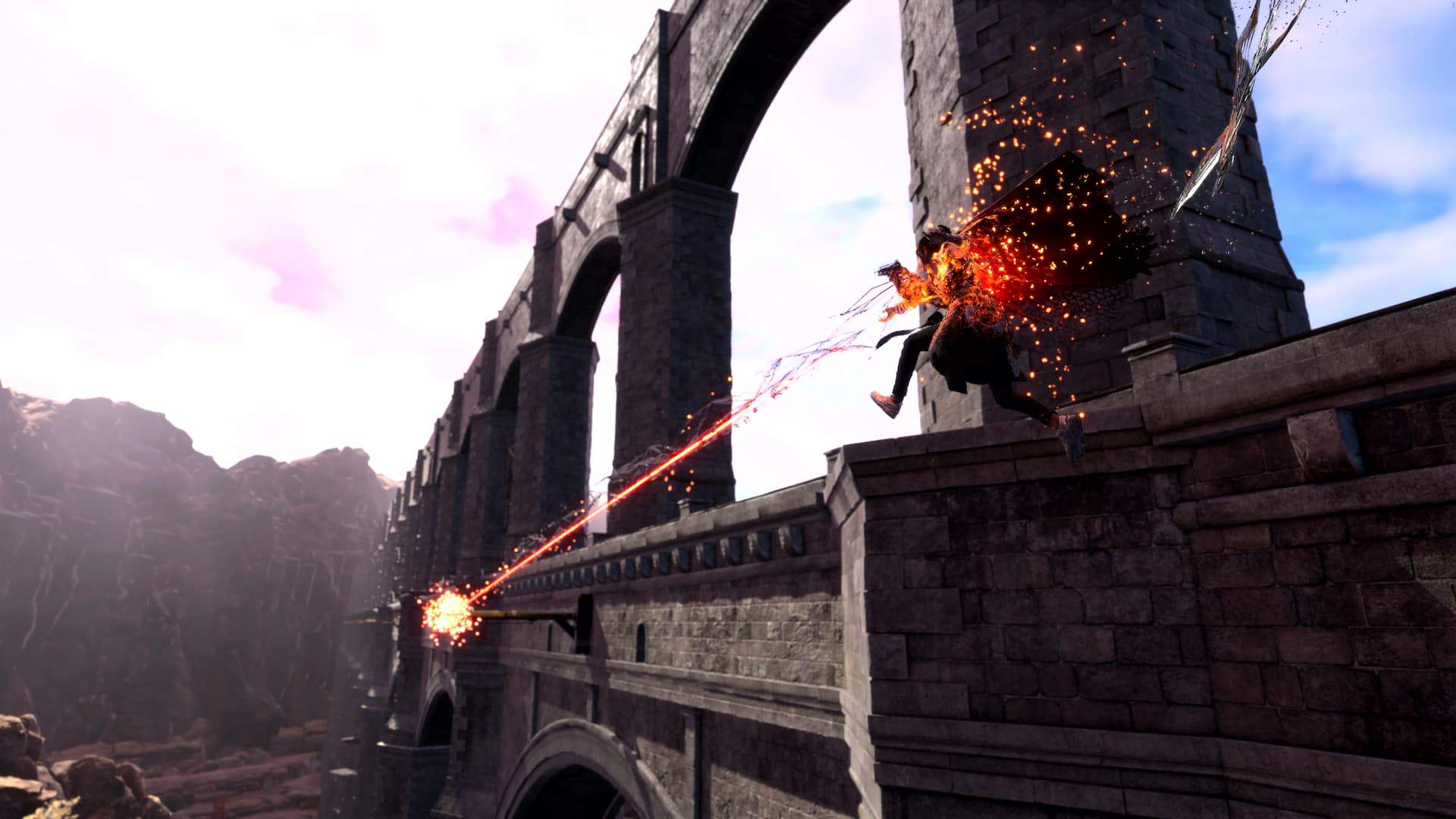 Frey using the ZIP ability to swiftly climb a giant bridge.