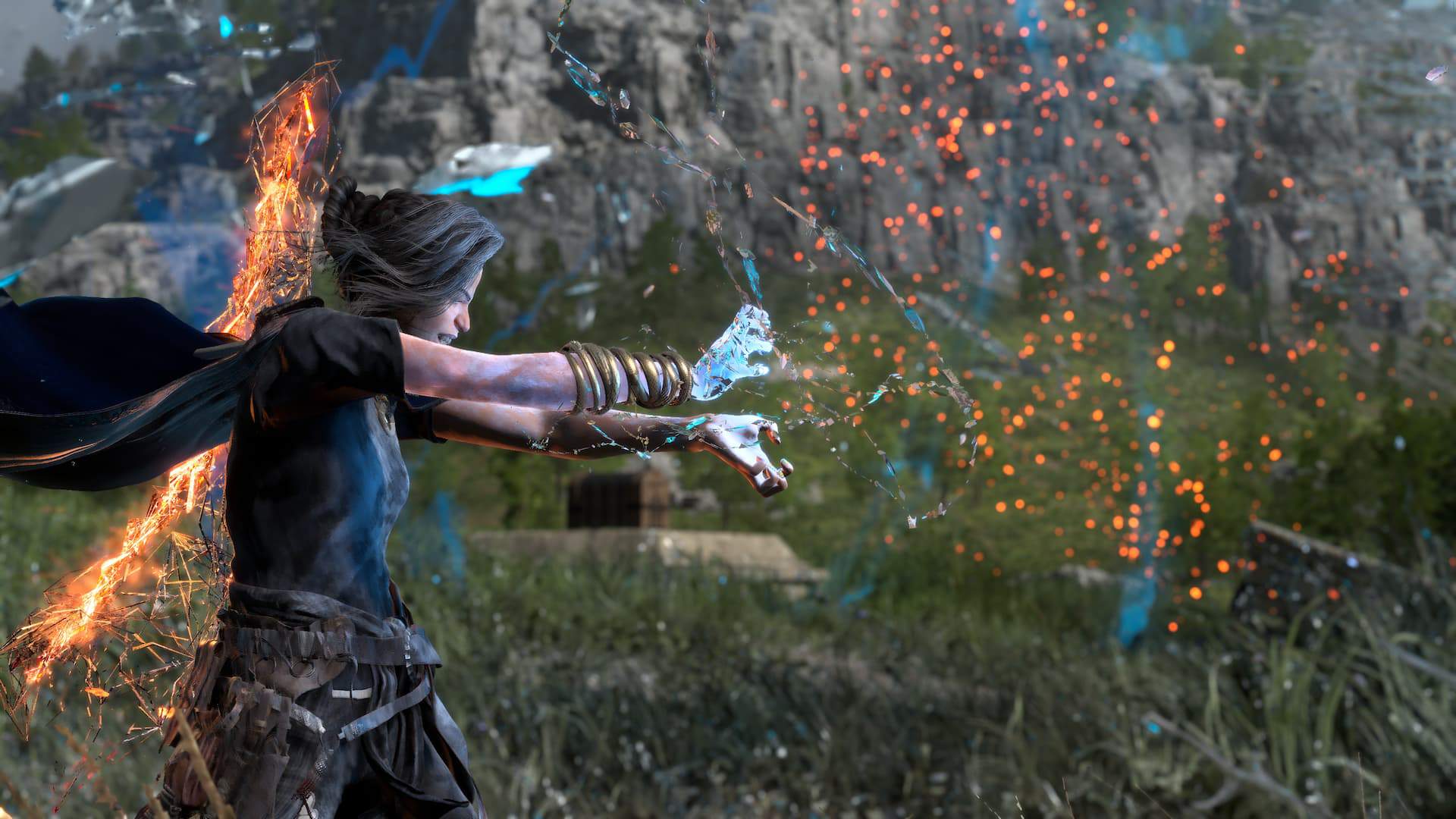 Frey charging a powerful magic blast, she is surrounded by glimmering particles.