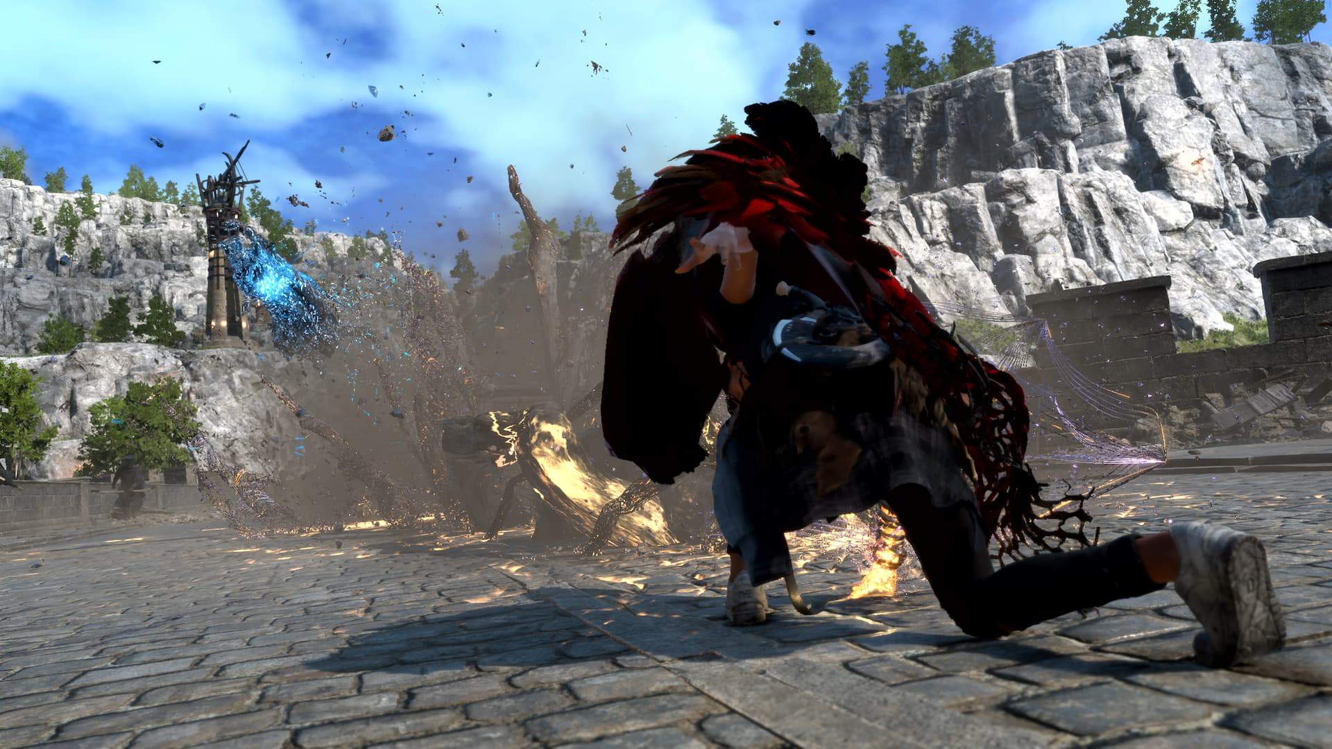 Frey using her SURGE ability to overpower an enemy, vaulting them into the air.
