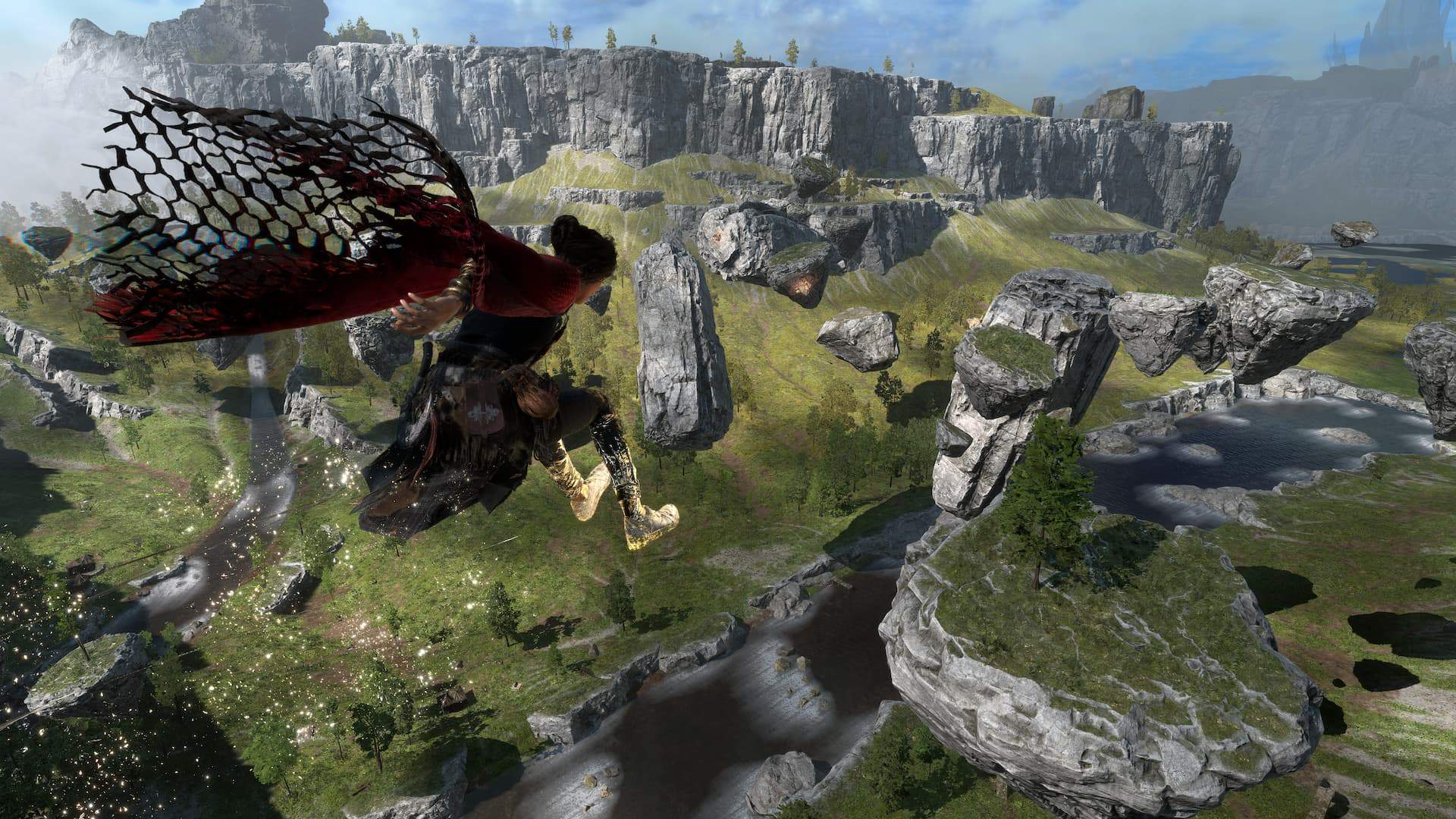 Frey navigating through a cluster of floating rocks in the sky with her Magic Parkour ability.
