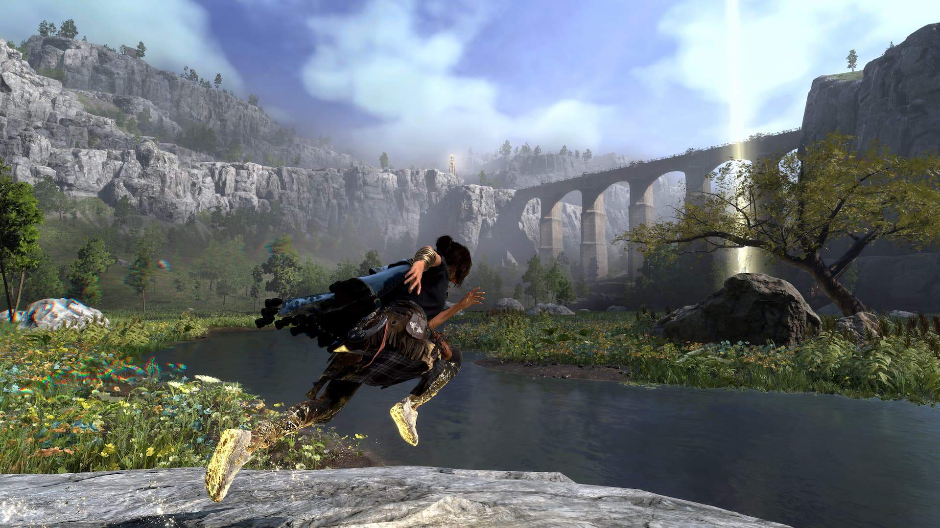 Frey dashing towards a giant bridge, a Fount of Blessing and Belfry can be seen in the distance.