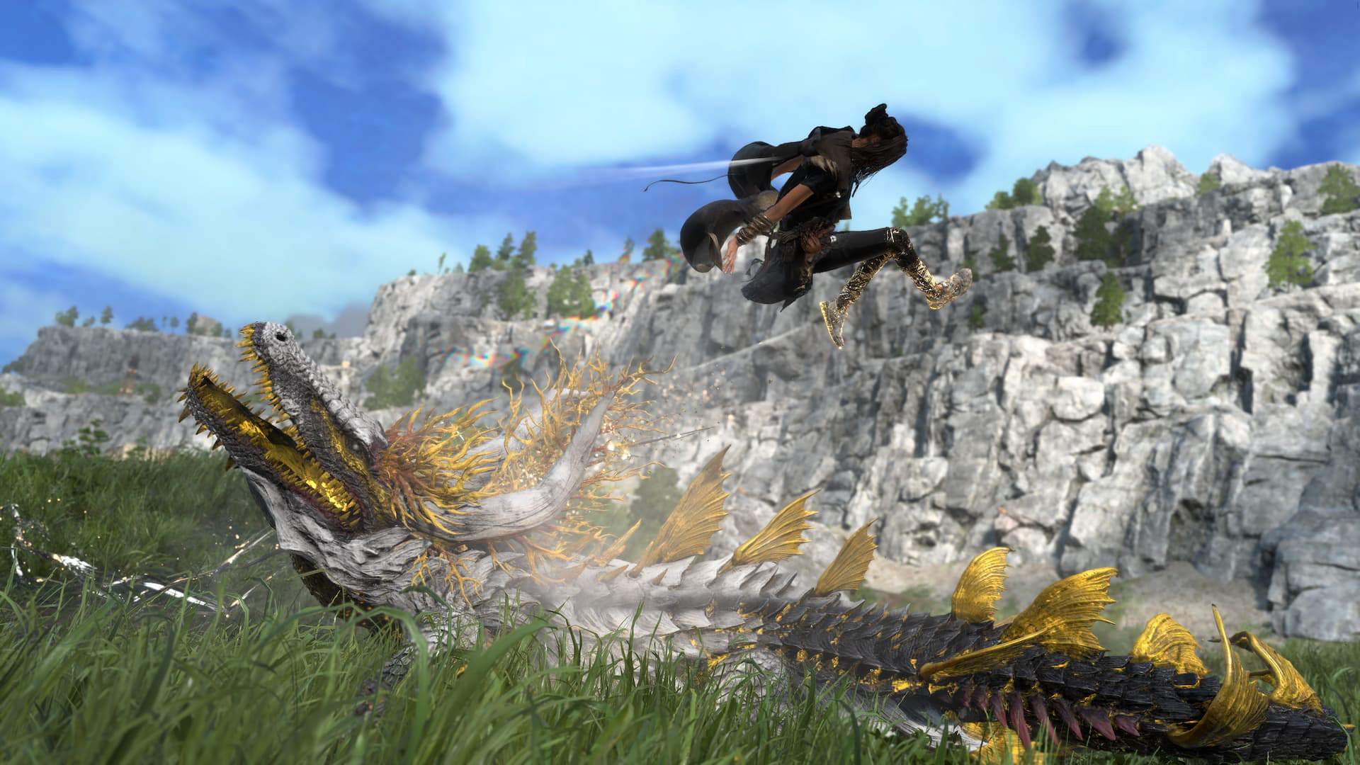 Frey is skilfully using her FLOW ability to jump over and dodge an enemy attack.
