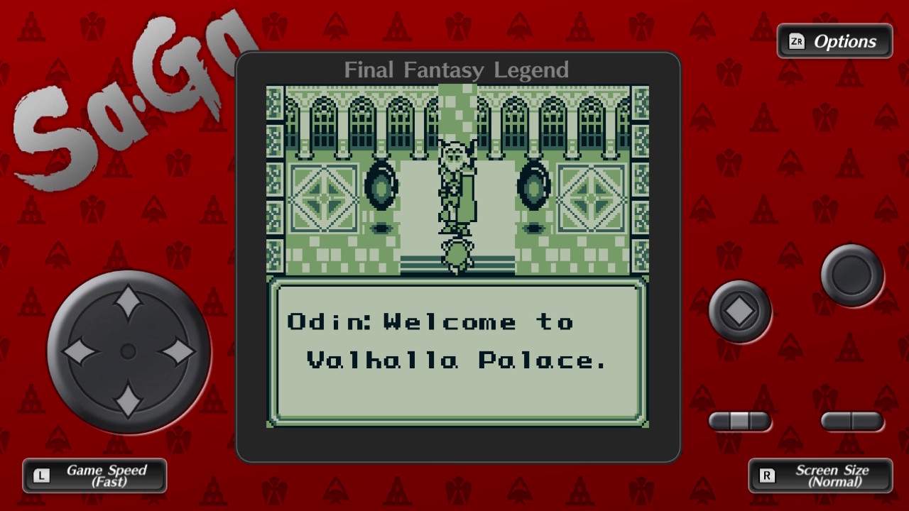Imagem do jogo da COLLECTION of SaGa FINAL FANTASY LEGEND™ dentro de uma moldura com o estilo de um console antigo. A imagem do jogo exibida contém uma fala de diálogo.