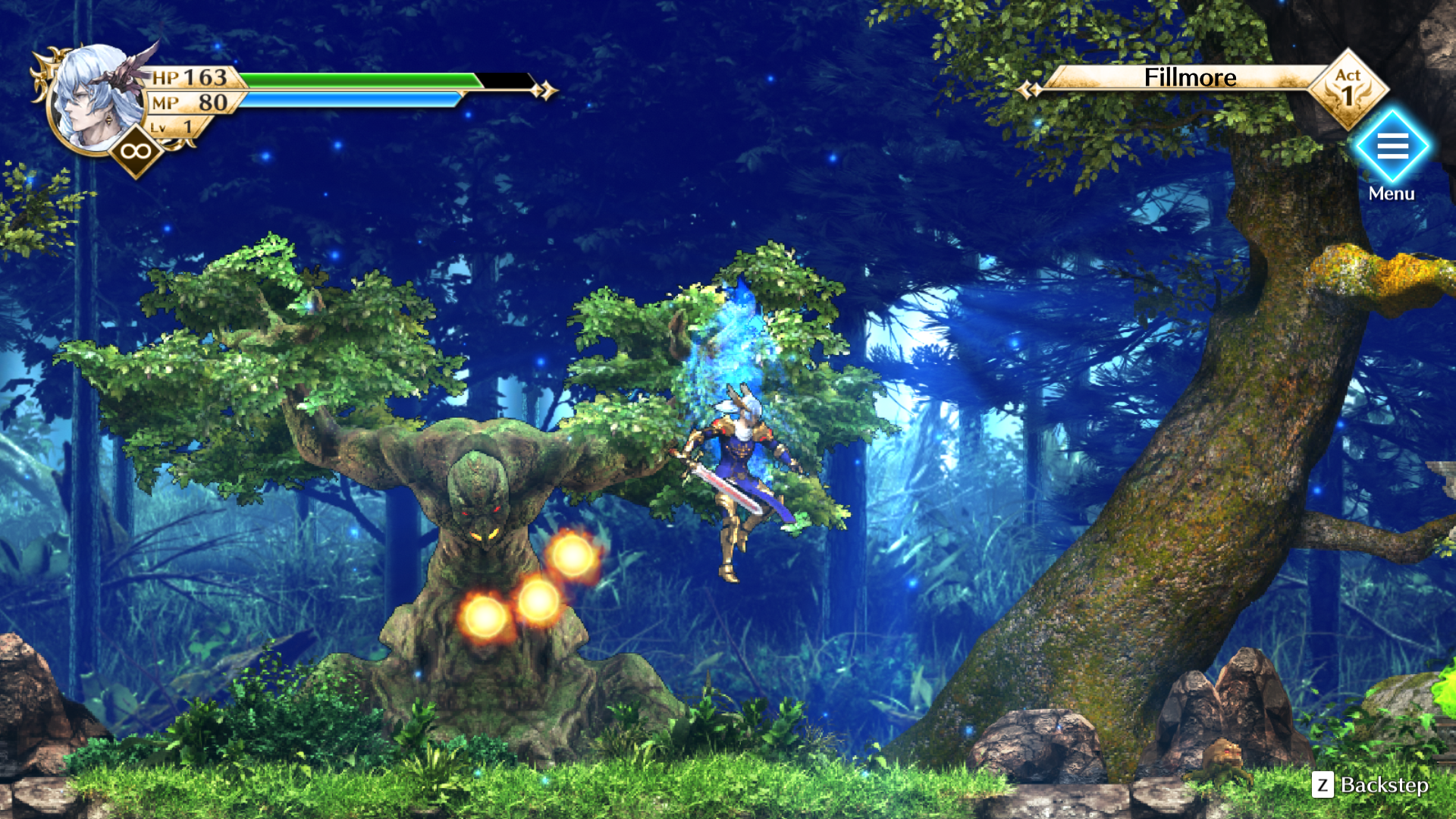 Gameplay screenshot of the Actraiser Renaissance protagonist in a battle against an enemy.