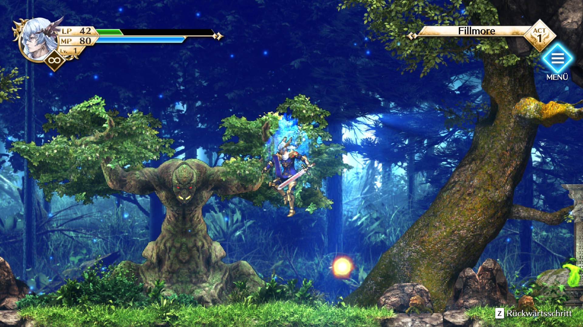 Gameplay-Screenshot des Protagonisten von Actraiser Renaissance im Kampf gegen einen Gegner.