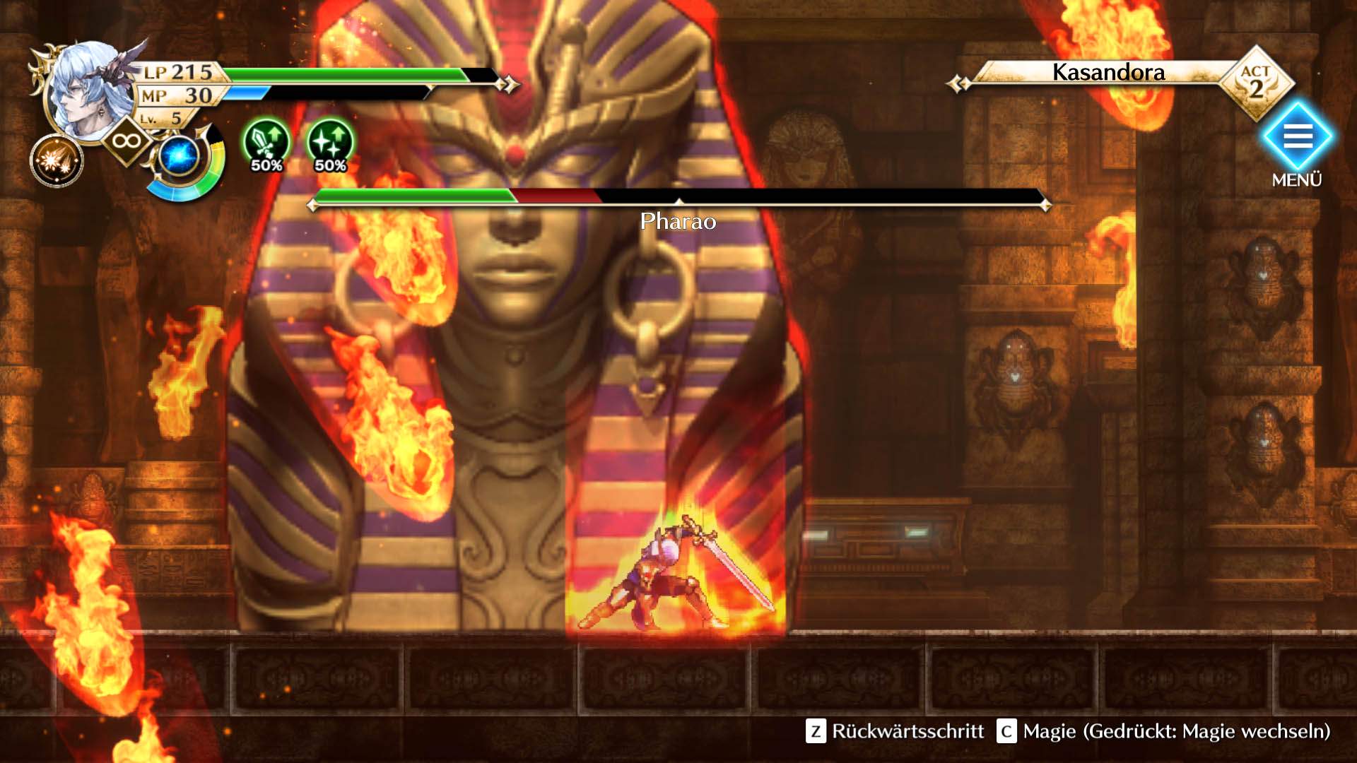 Gameplay-Screenshot des Protagonisten von Actraiser Renaissance im Kampf gegen den Pharao.