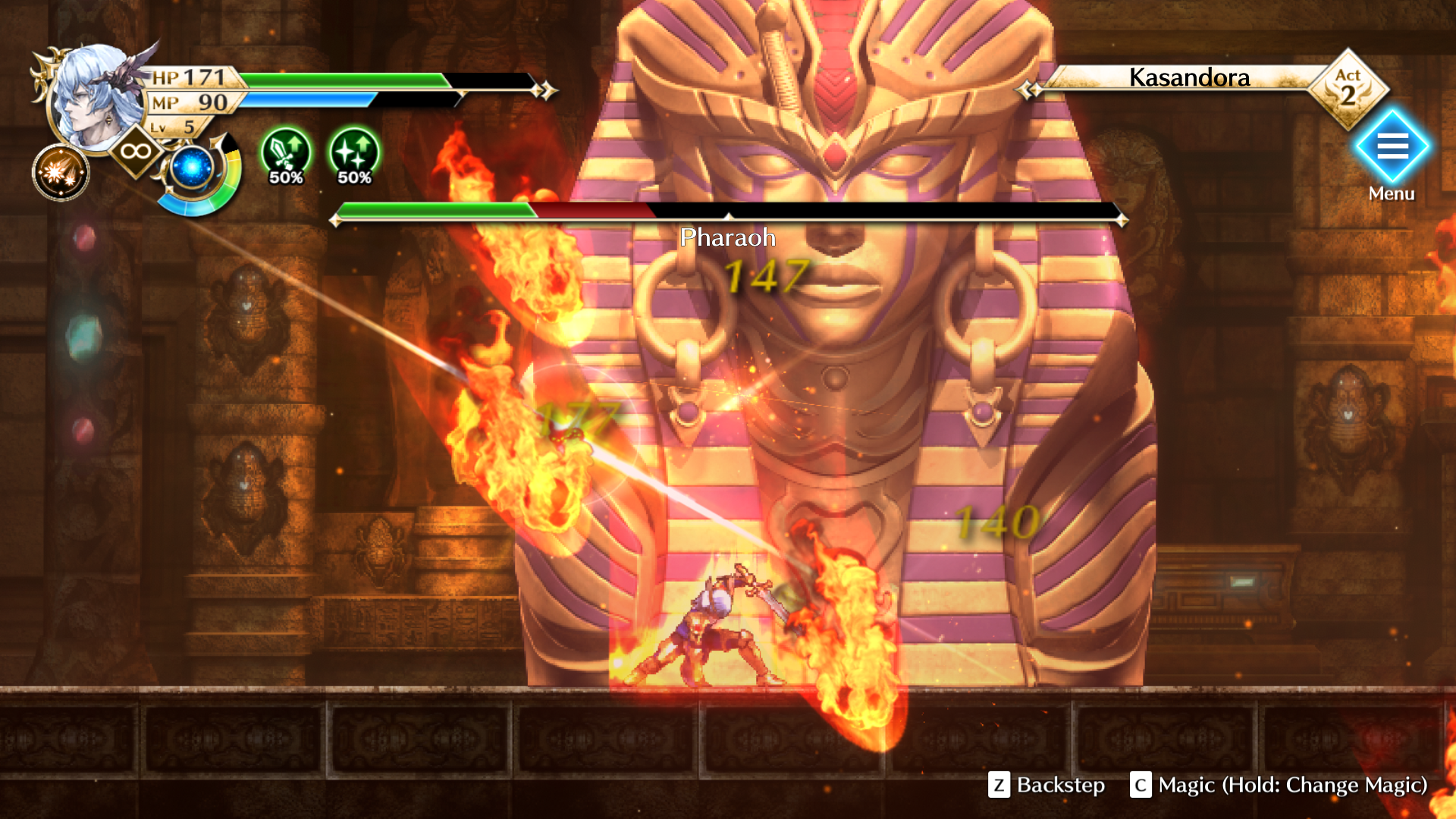 Gameplay screenshot of the Actraiser Renaissance protagonist in a battle against a Pharaoh enemy.