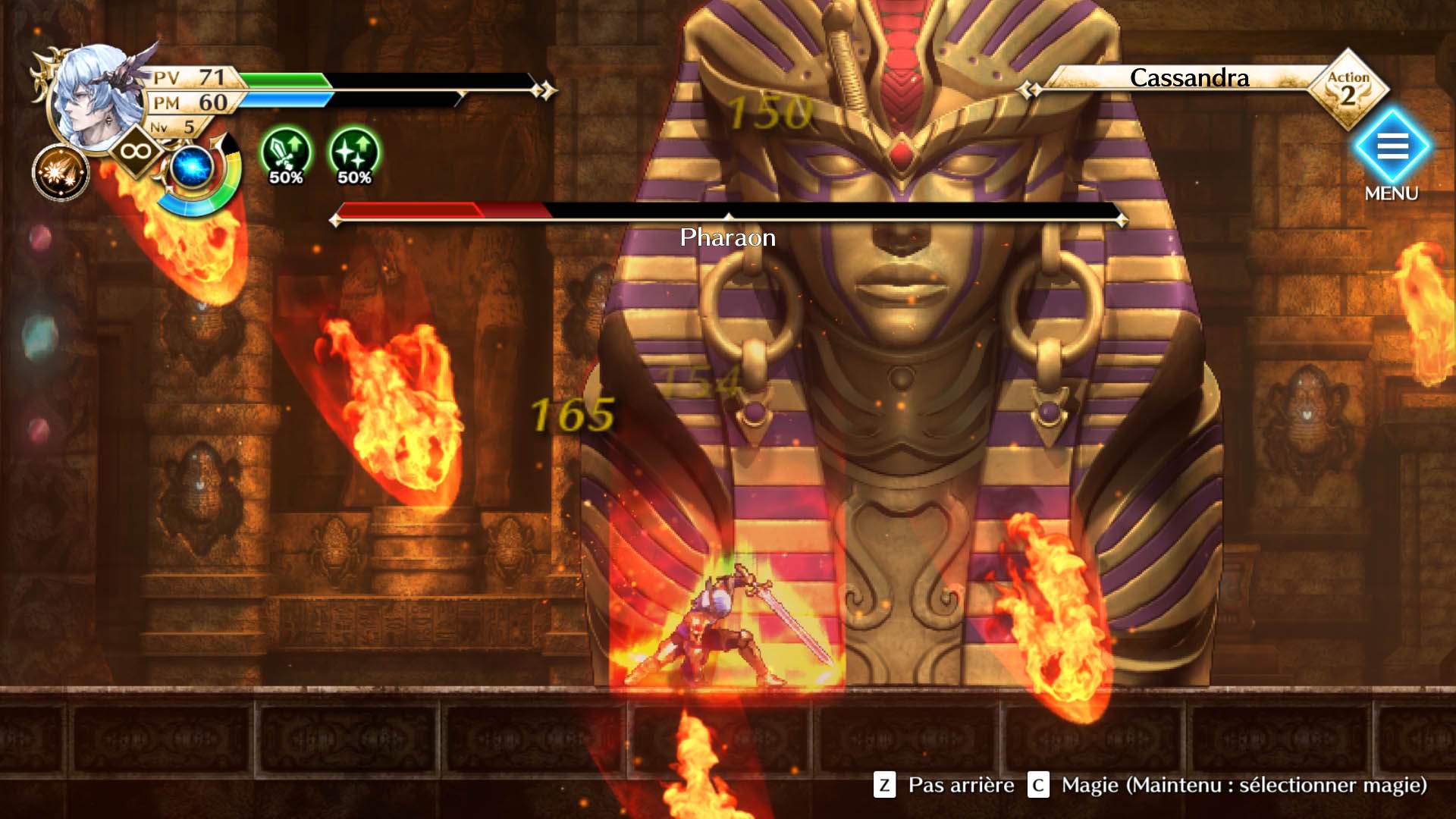 Capture d'écran du protagoniste d'Actraiser Renaissance affrontant Pharaon.
