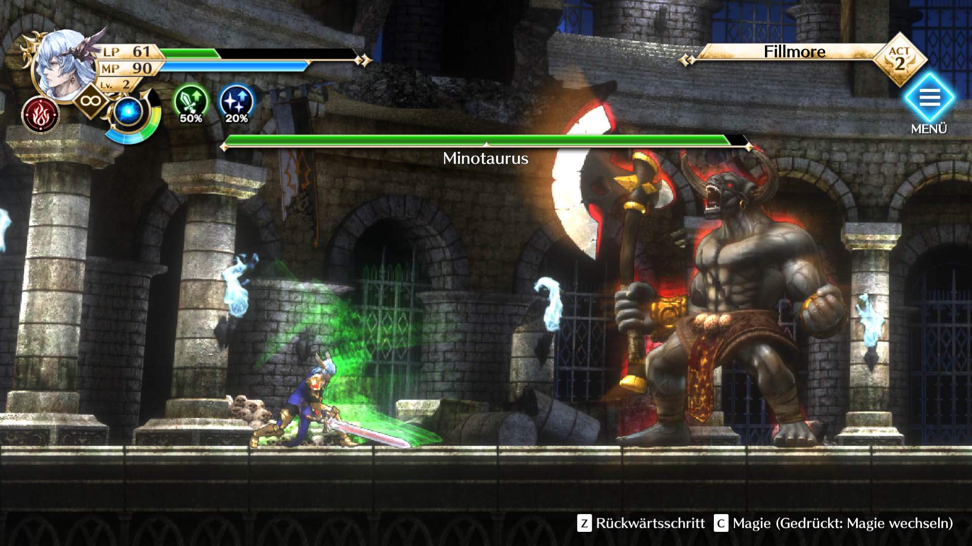 Gameplay-Screenshot des Protagonisten von Actraiser Renaissance im Kampf gegen den Minotaurus.