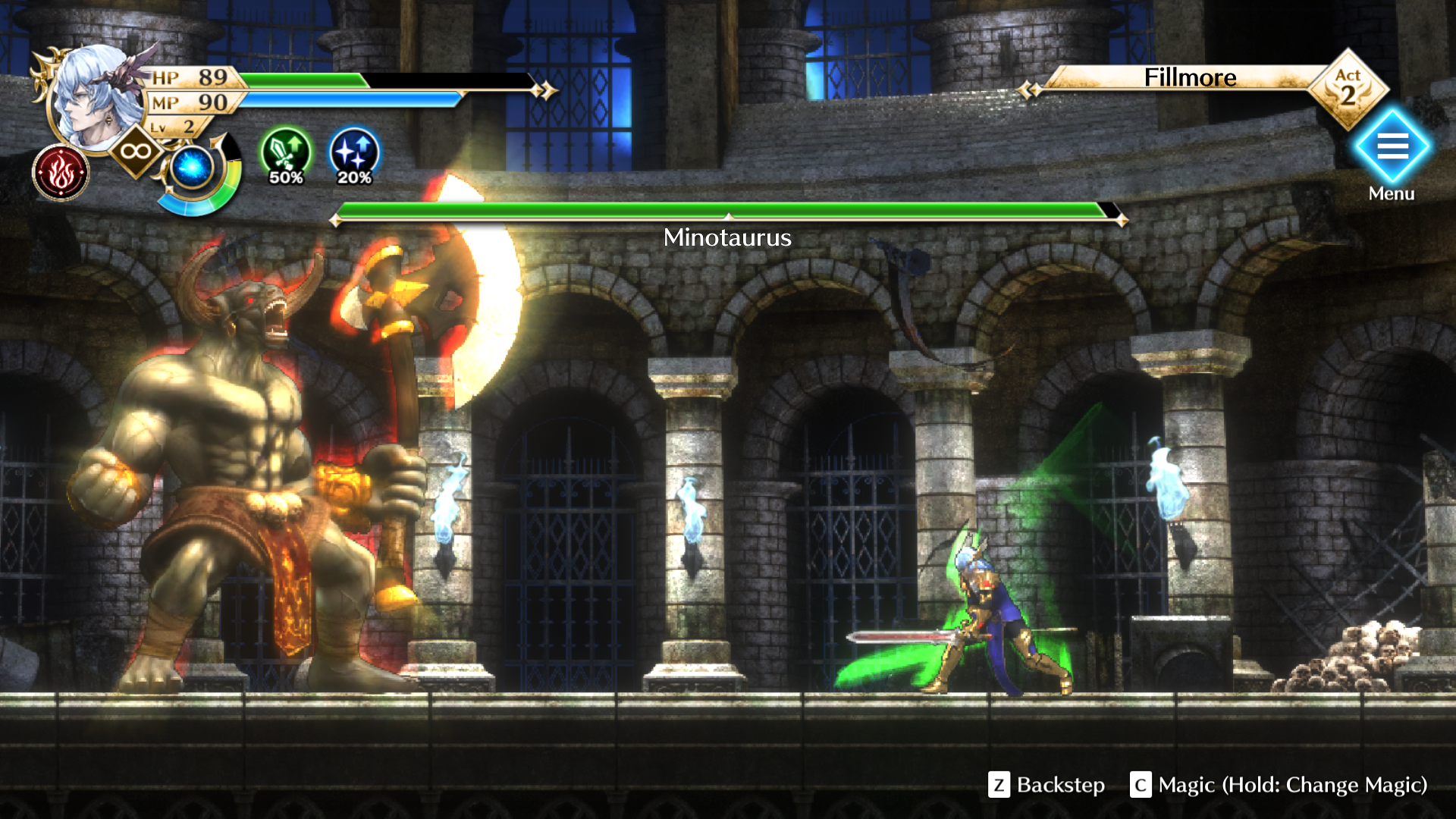 Gameplay screenshot of the Actraiser Renaissance protagonist in a battle against a Minotaurus enemy.