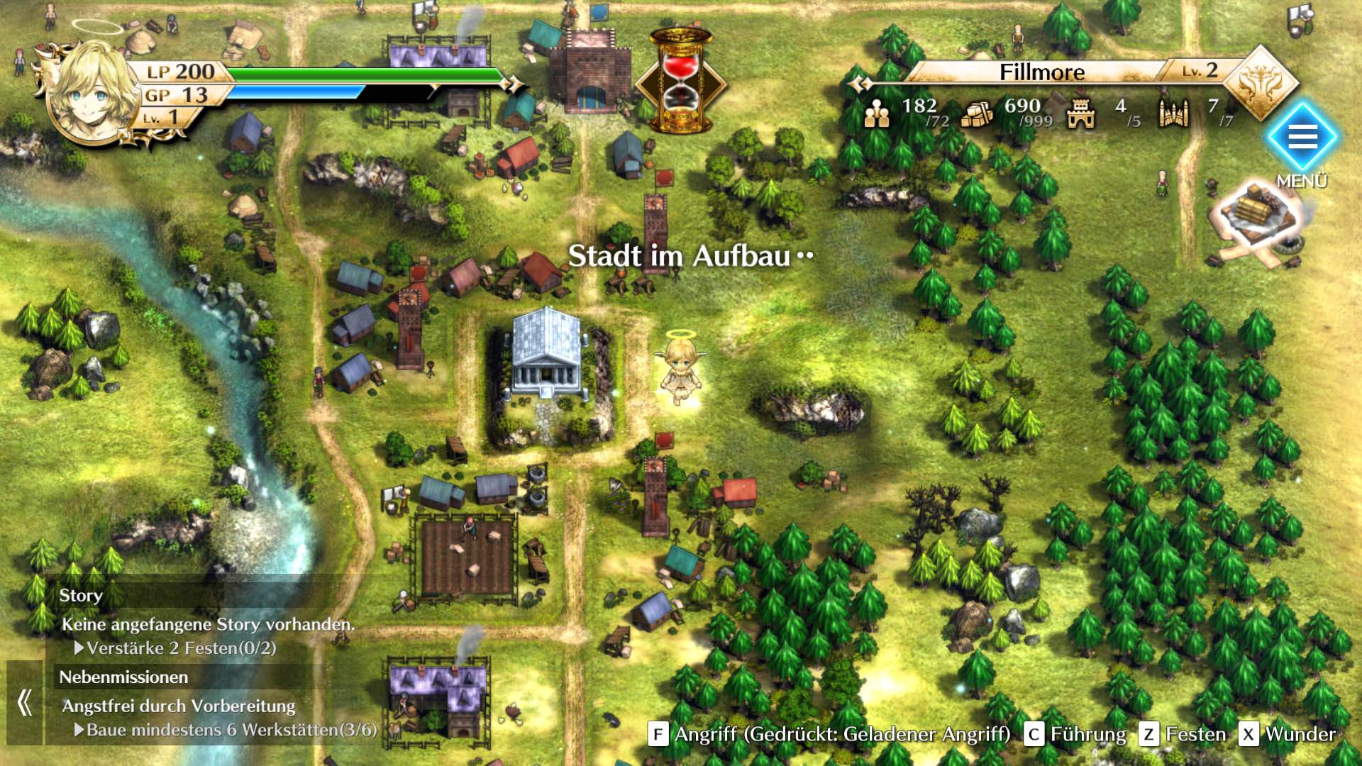 Gameplay-Screenshot des Erstellungsmenüs von Actraiser Renaissance, das eine Stadt zeigt.