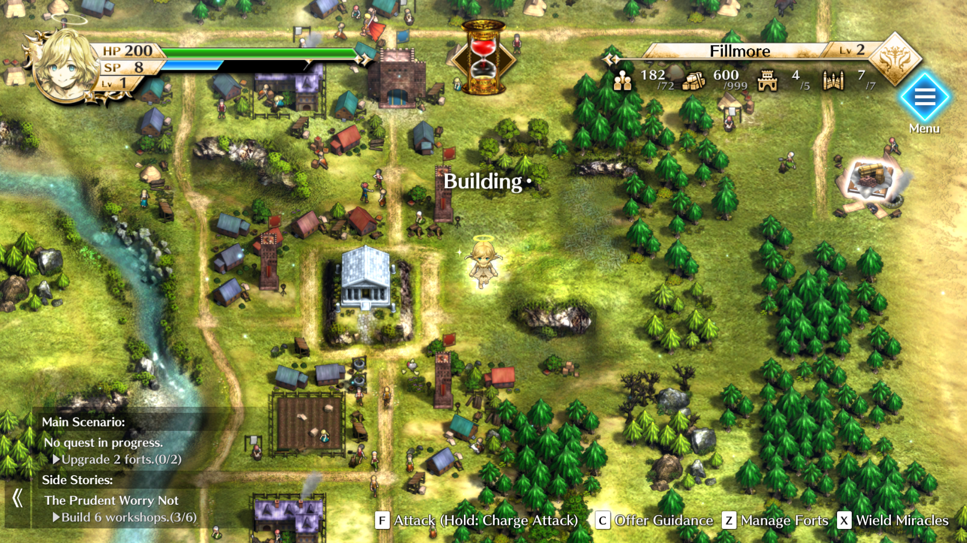 Gameplay screenshot of Actraiser Renaissance's Realm Management, showing a settlement.