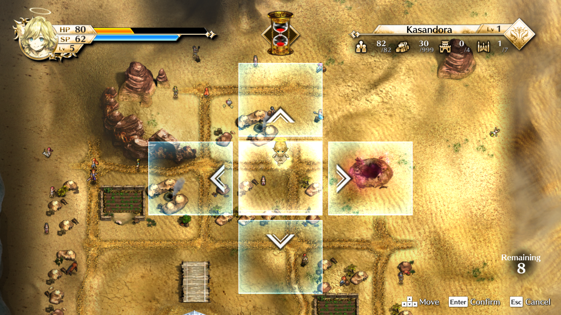 Gameplay screenshot of Actraiser Renaissance's Realm Management.