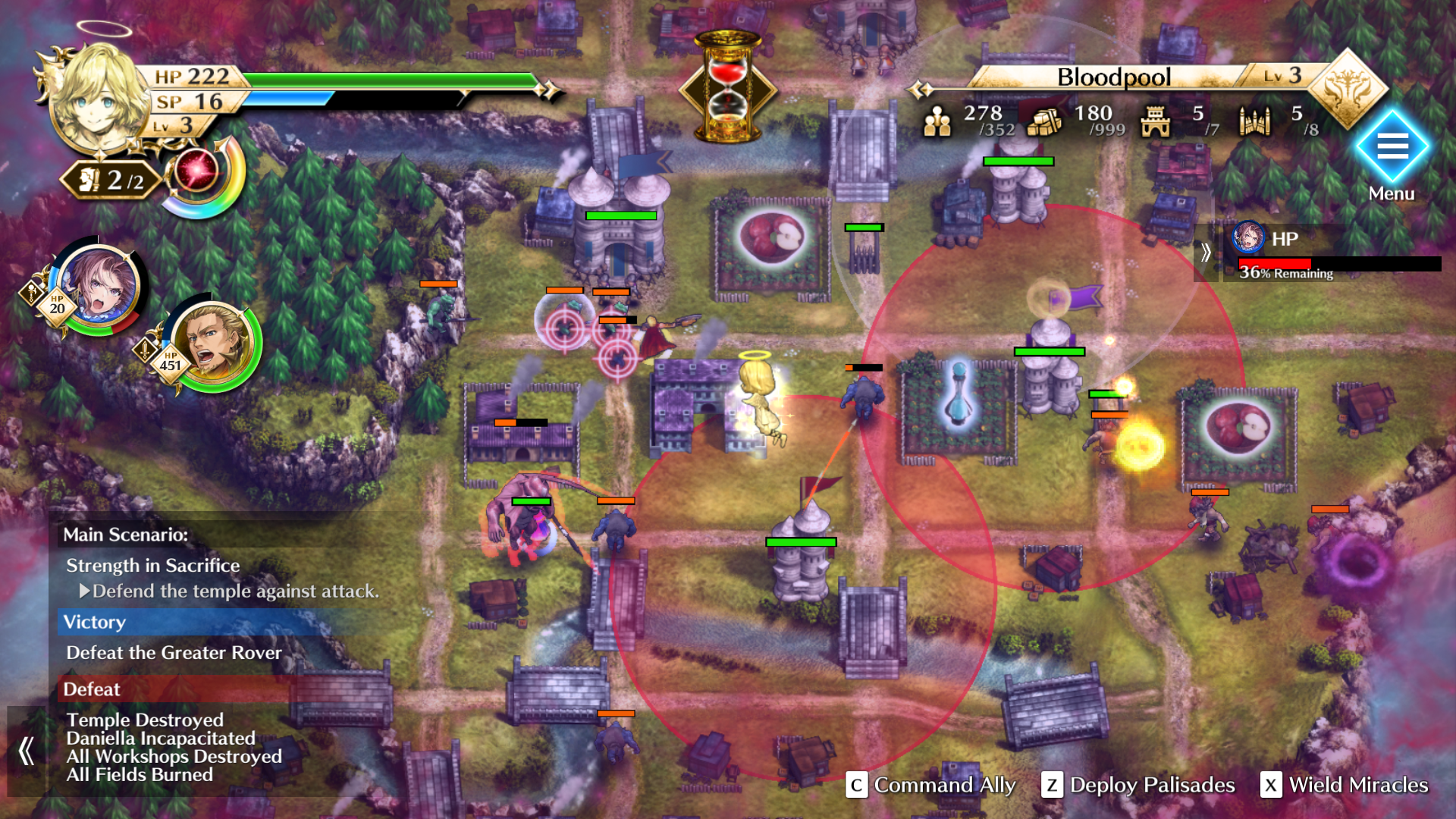 Gameplay screenshot of Actraiser Renaissance, showing a settlement being defended against enemies.