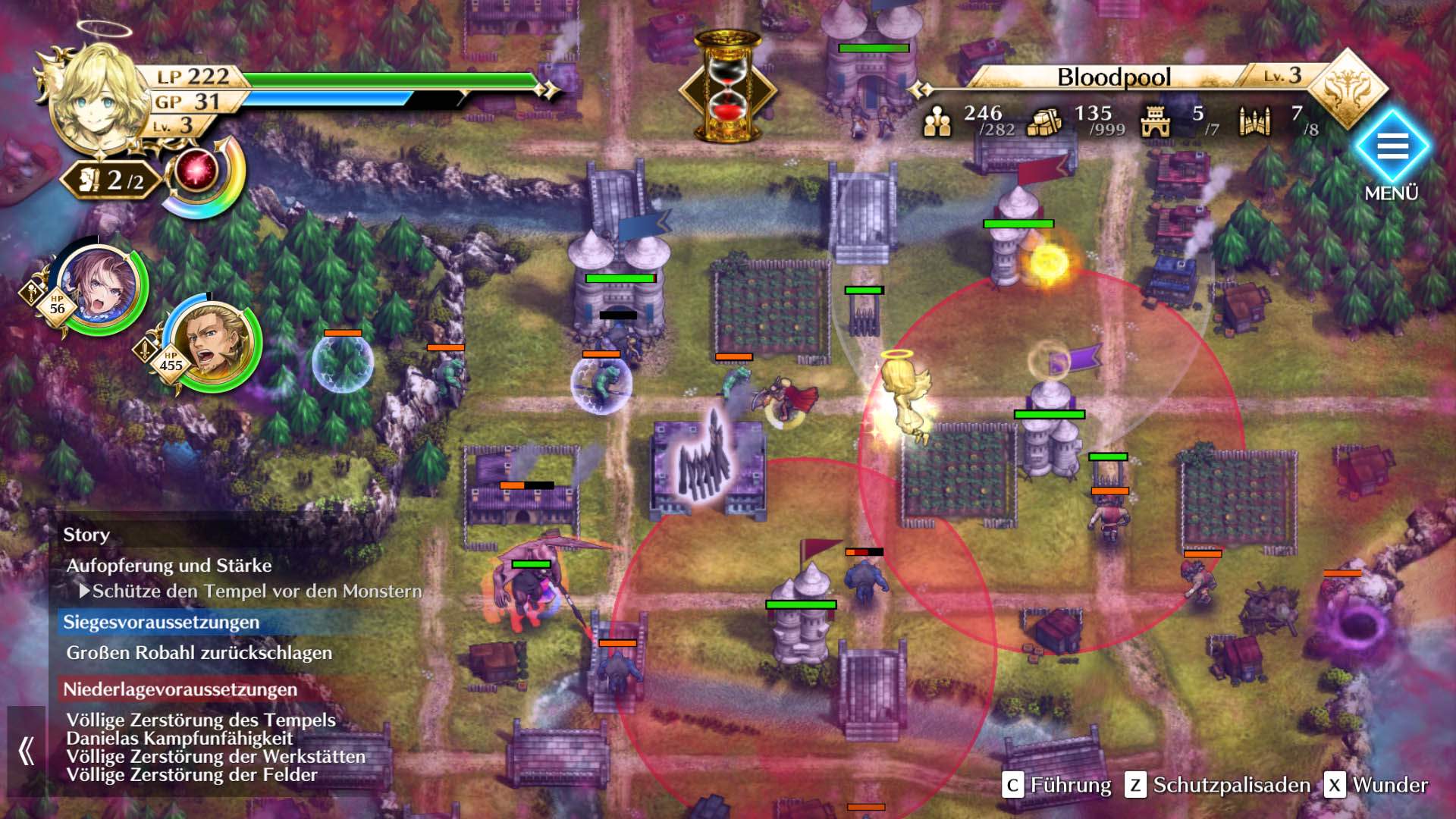 Gameplay-Screenshot von Actraiser Renaissance, in dem eine Stadt gegen Feinde verteidigt wird.