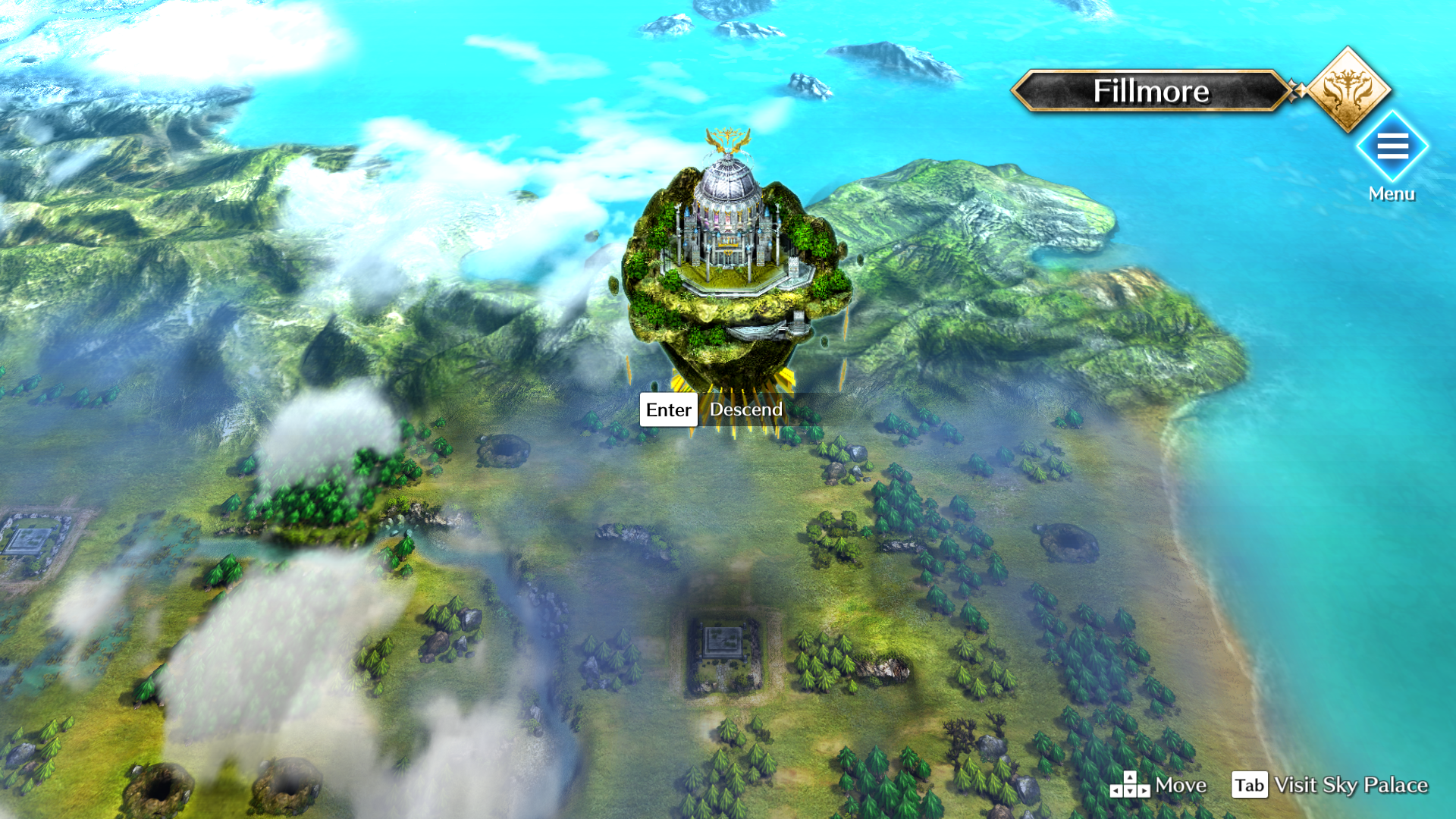 Gameplay screenshot of Actraiser Renaissance showing the Sky Palace on a map.