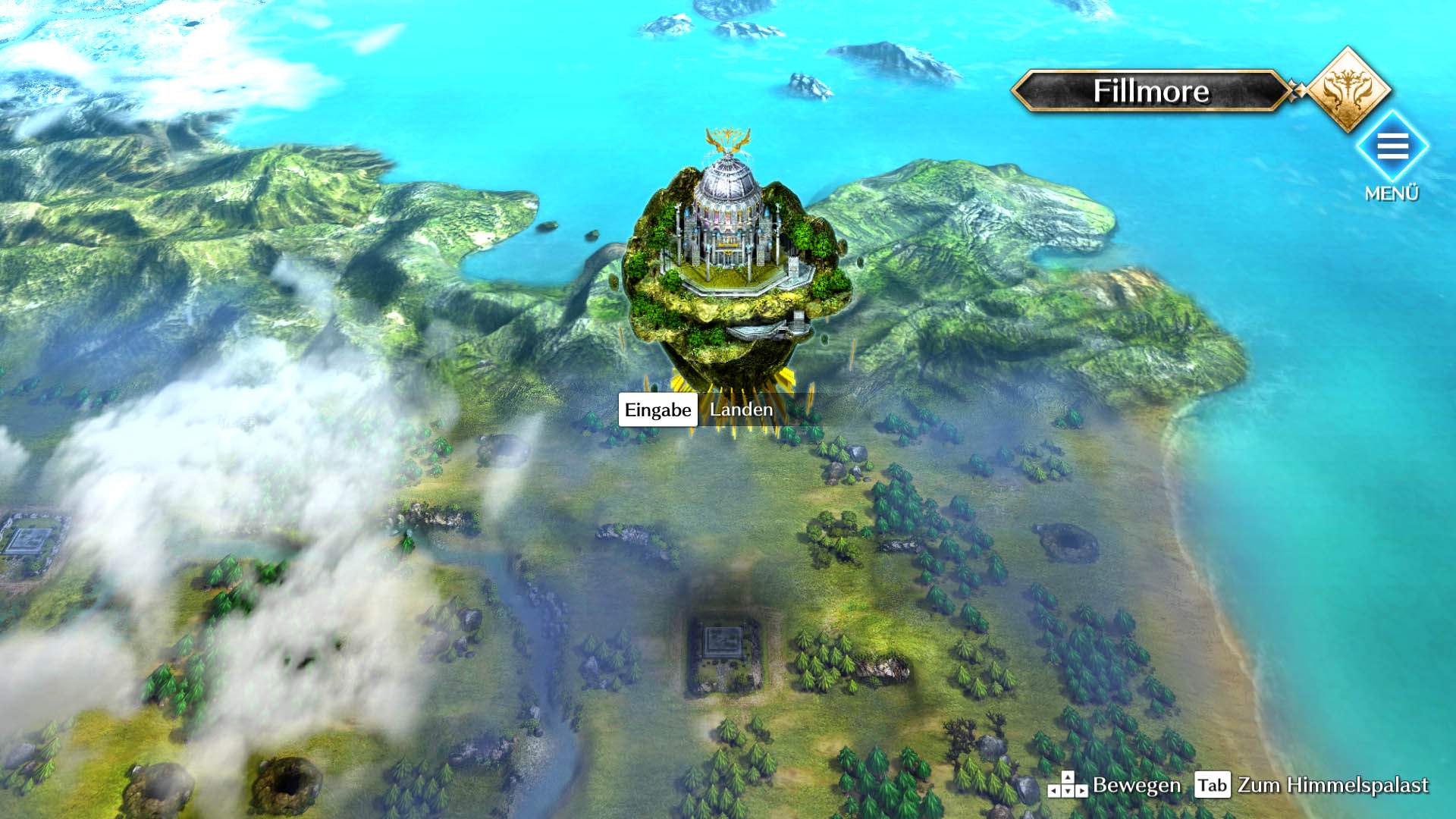 Gameplay-Screenshot von Actraiser Renaissance, der den Himmelspalast auf einer Karte zeigt.