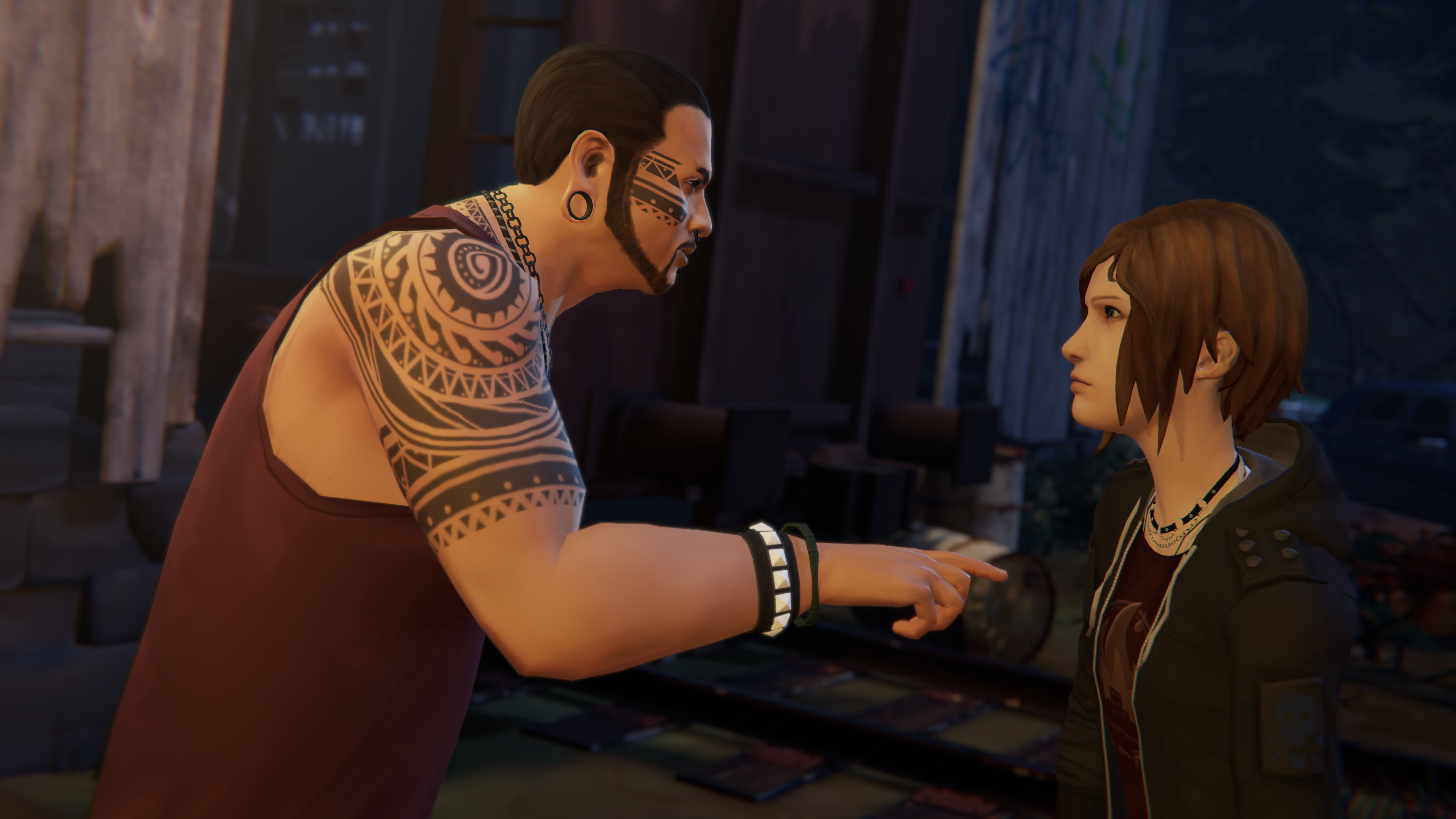 Rodney Sears, a bouncer with Samoan tattoos on the right side of his face and arm, prevents Chloe's entry to the Firewalk gig.