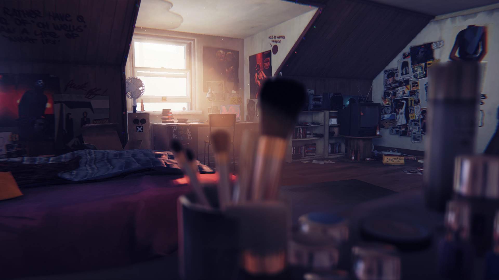 A panorama of Chloe's dimly-lit bedroom, posters crowding the walls, a set of brushes in the extreme foreground. 