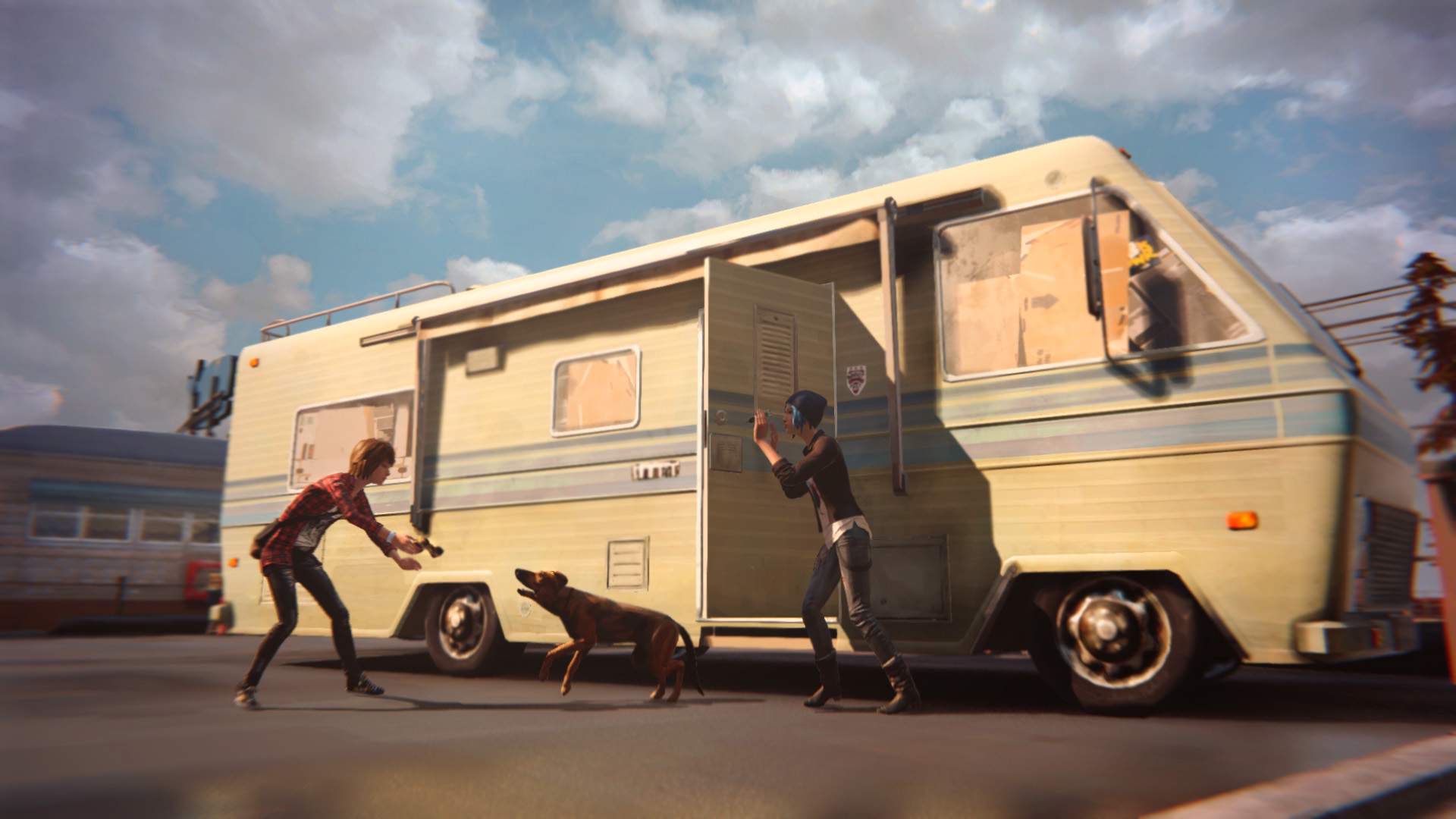 In front of Frank's RV, Max and Chloe attempt to calm down Frank's dog, Pompidou, before it can raise the alarm.
