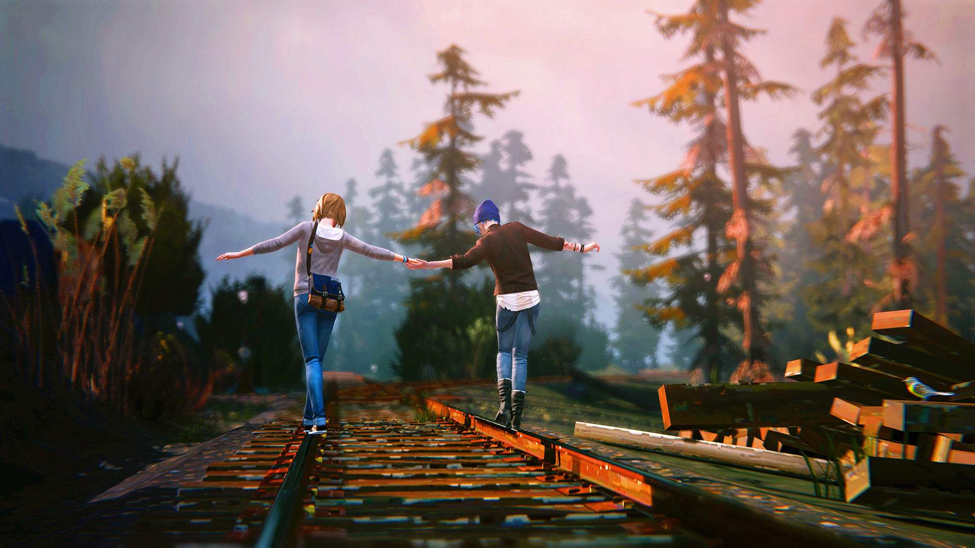 Max and Chloe, hand in hand, balance on rusted train tracks. The golden afternoon sun shines on the forest around them.