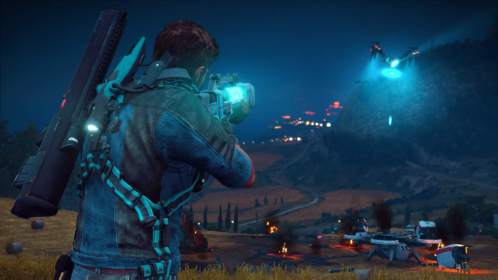 Rico Rodriguez aiming a weapon at an enemy drone