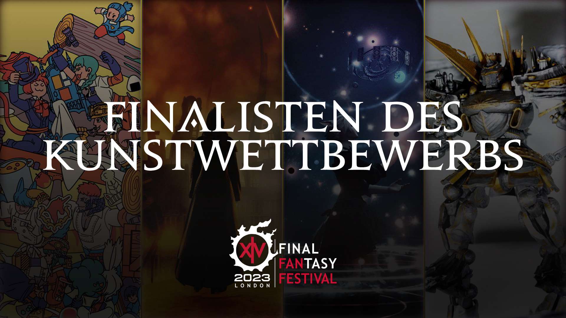 Vier Final Fantasy 14-Artworks verschiedener Medien. Eine Illustration zahlreicher Charaktere, zwei Screenshots und eine handgemachte Figur. Text liest: Finalisten des Kunstwettbewerbs.