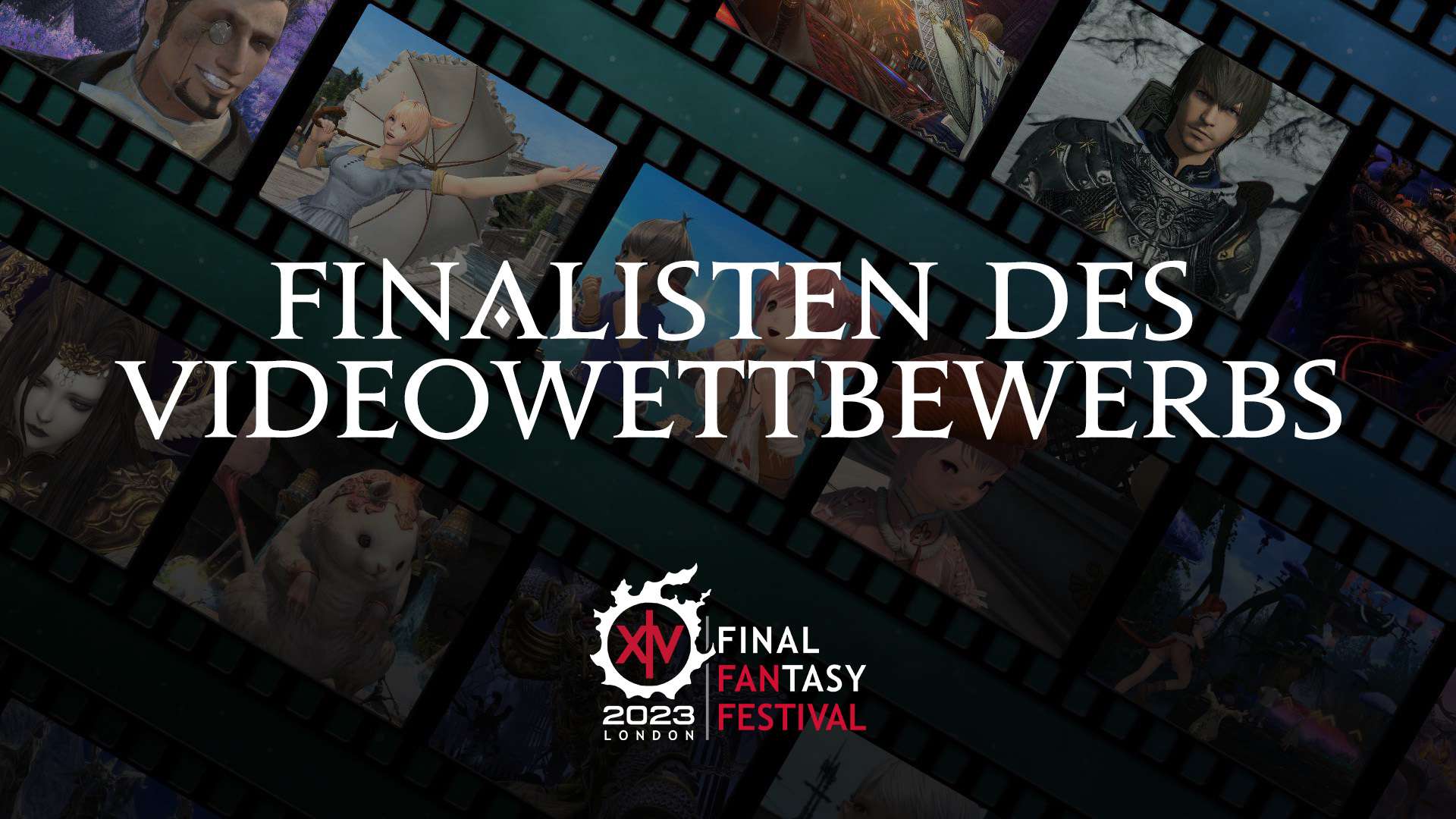 Ein Banner mit mehreren Reihen an Filmrollen, die verschiedene Screenshots aus Final Fantasy 14 auf einem bläulichen Hintergrund zeigen. Text liest: Finalisten des Videowettbewerbs.