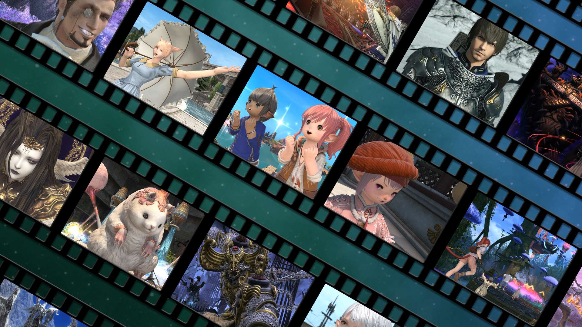 Multiple video reels featuring various in-game screenshots from FINAL FANTASY 14 spread across the image against a starry background of blue and green. 