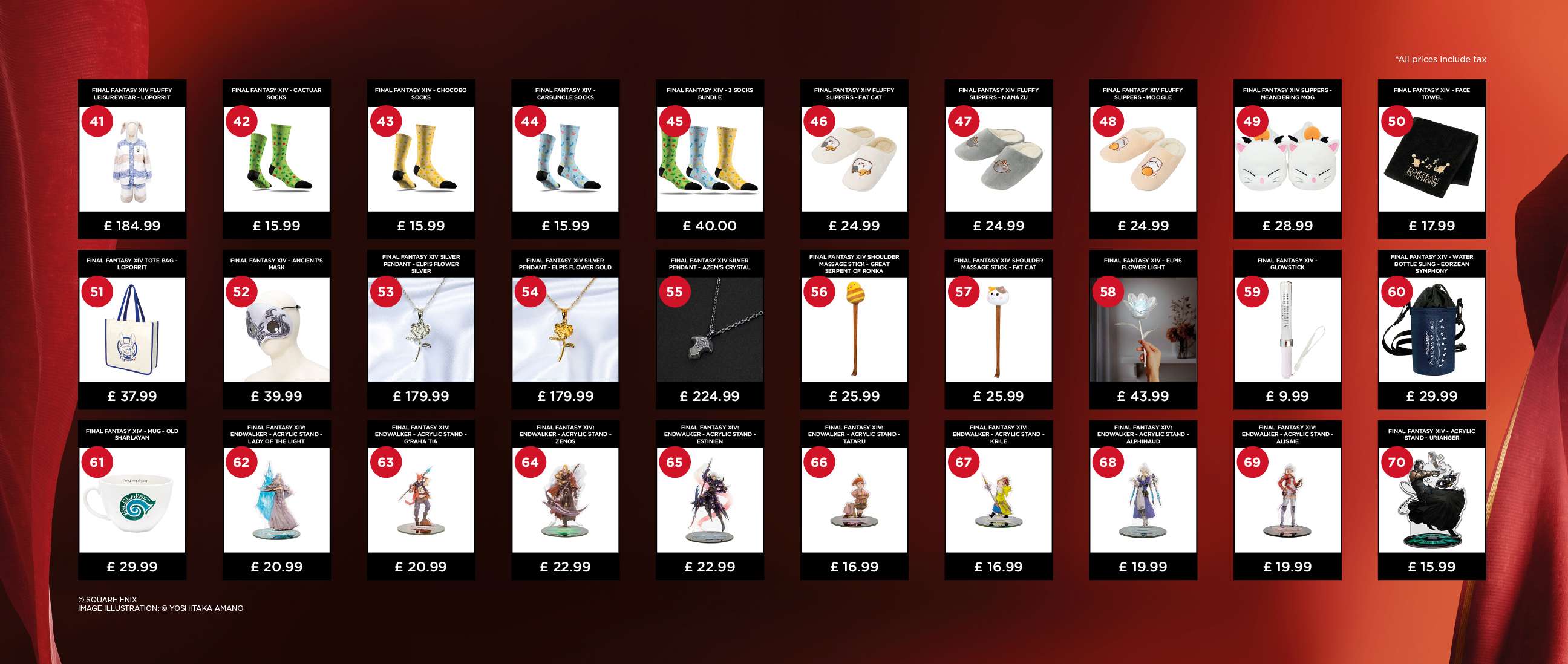 Une photo montrant plusieurs produits dérivés Final Fantasy 14 en vente au Fan Festival 2023 à Londres.