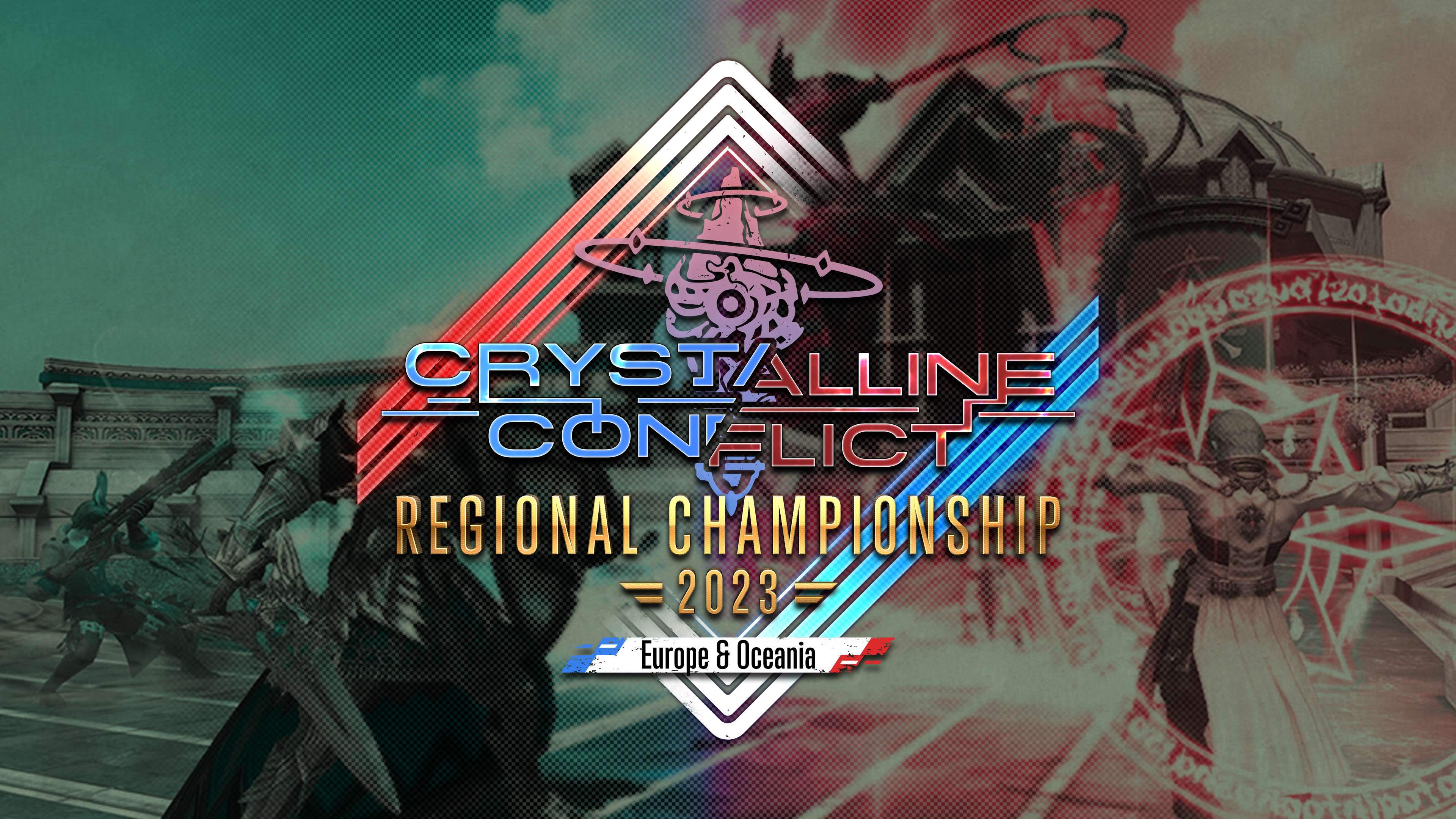 Une bannière sur laquelle on peut voir au centre le logo du Crystalline Conflict Regional Championship 2023 d'Europe et Océanie et des personnages de FFXIV en train de combattre dans une arène de JcJ.