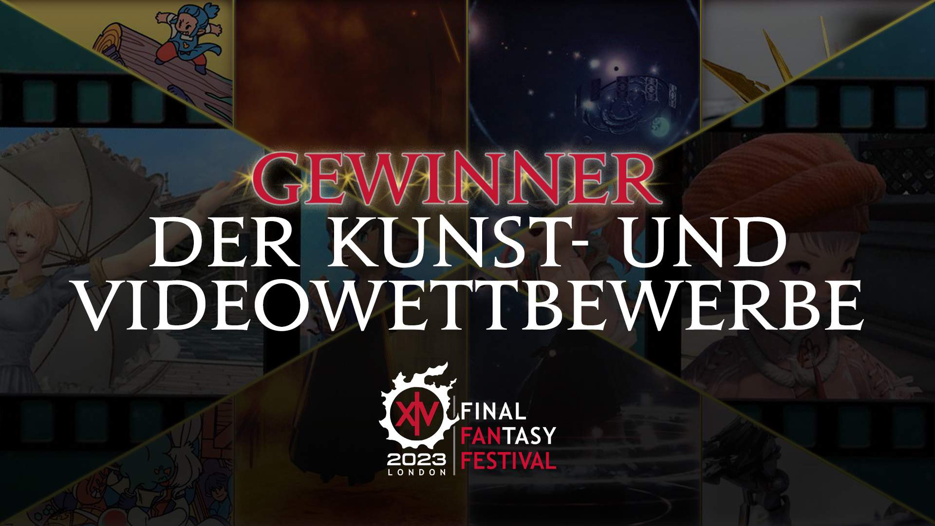 Ein Final Fantasy 14-Banner mit dem Text Gewinner der Kunst- und Videowettbewerbe und dem Fan Festival-Logo. Den Hintergrund bildet eine Collage aus eingesendeten Kunstwerken.