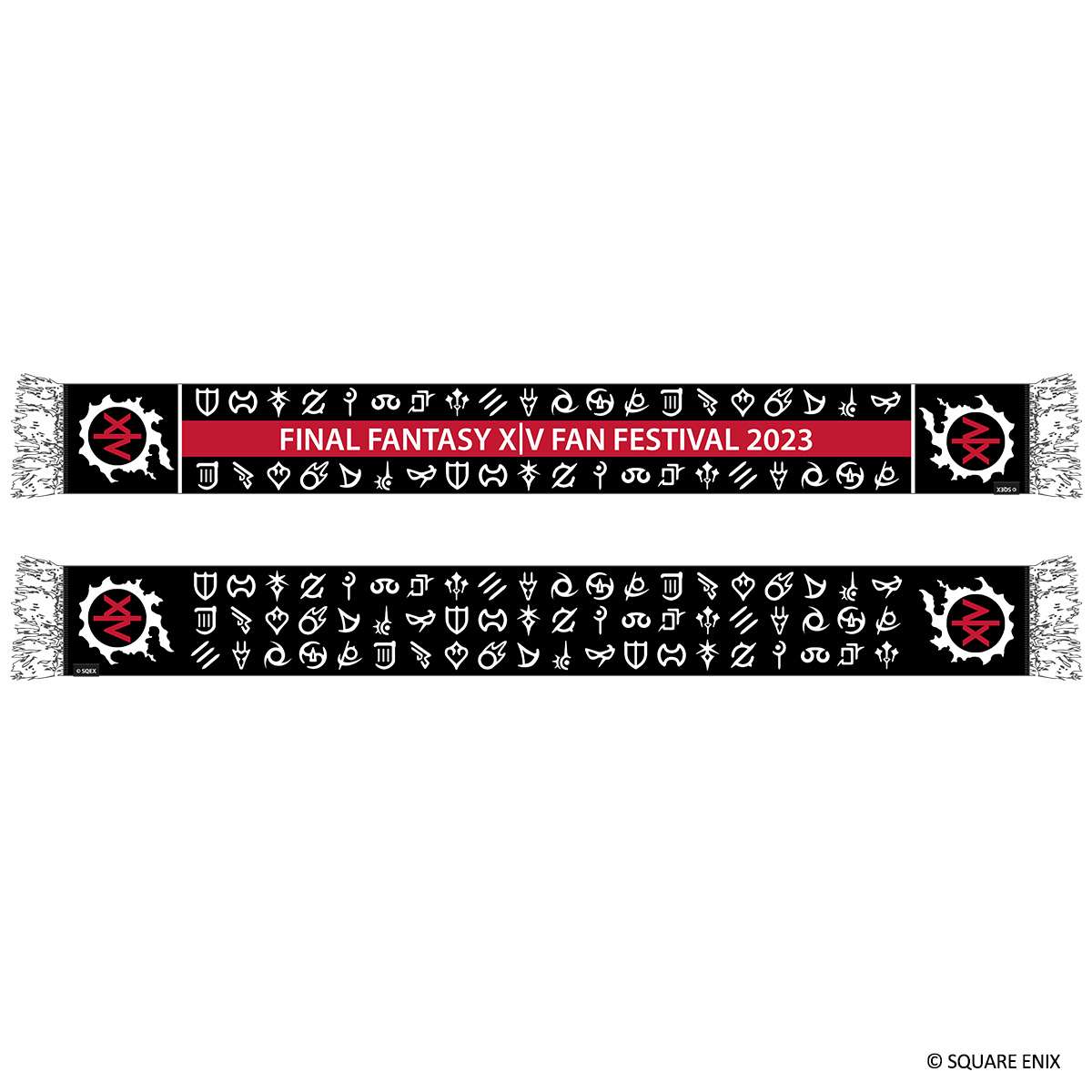 The Final Fantasy 14 Fan Festival 2023 scarf, a black scarf with white fringes. Views of both its front and back are displayed. 