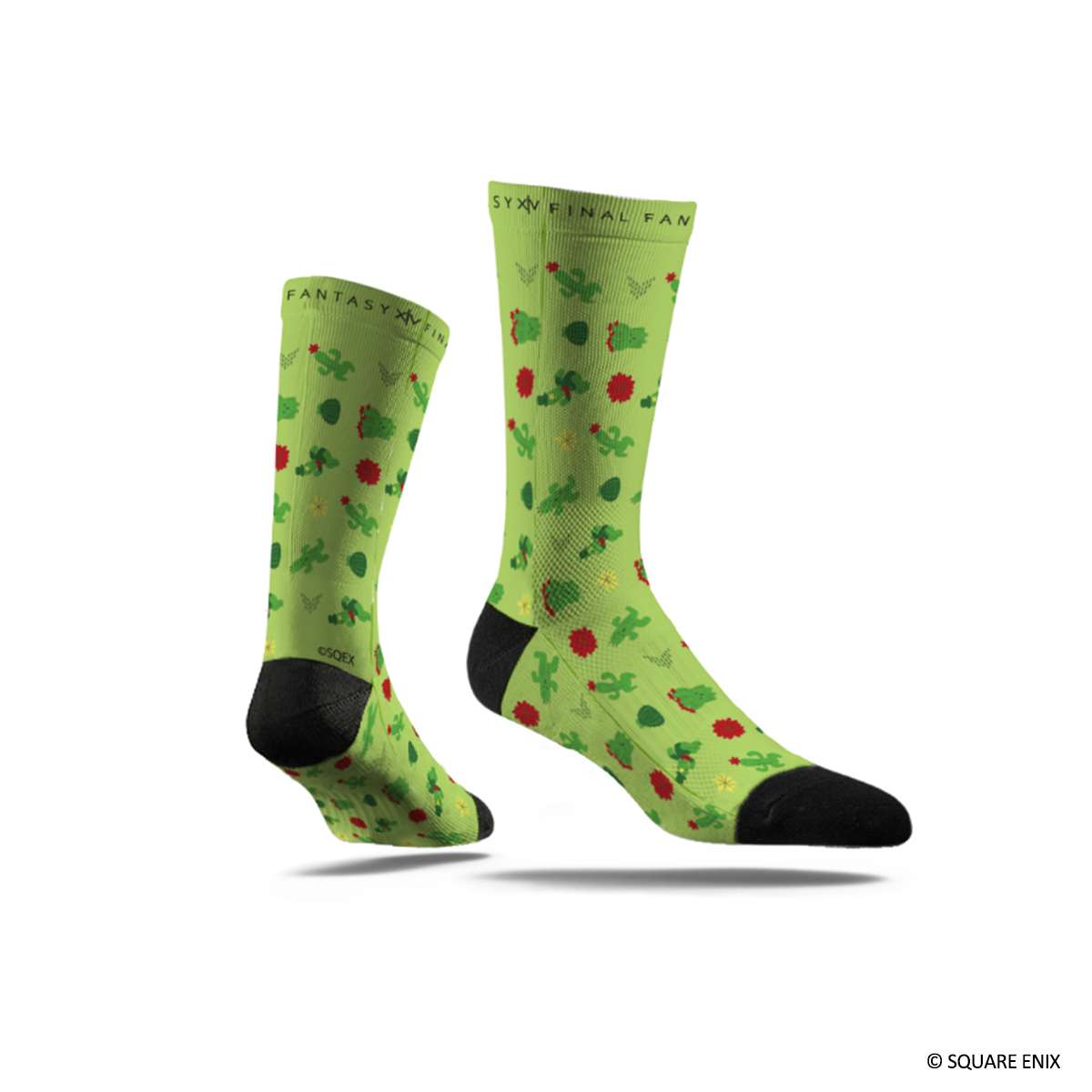 A pair of green socks with black toes and heels. The socks are covered with green cactuar and red flower patterns. The  words Final Fantasy 14 are seen on the cuffs.