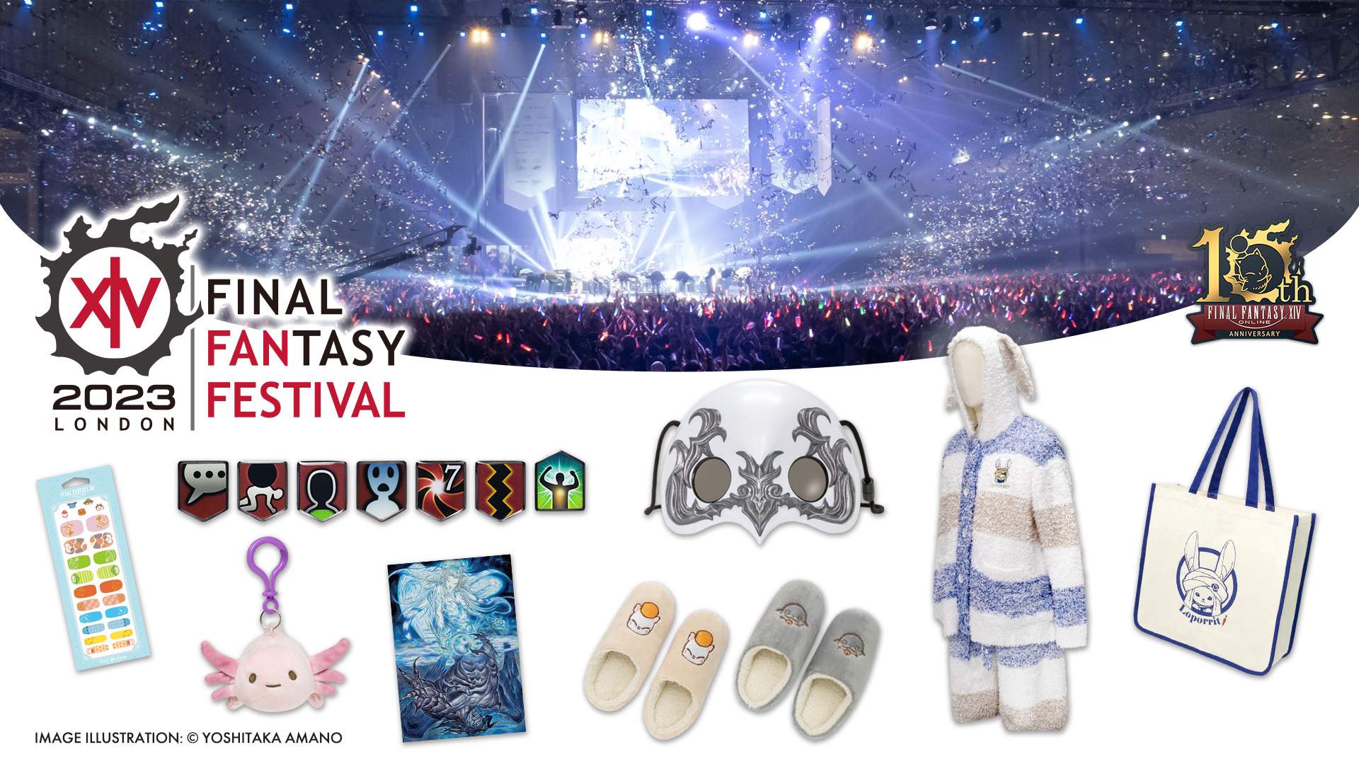 Ein Banner des Merchandises der Final Fantasy 14 Fan Festivals 2023-2024. Unter anderem sieht man Pantoffeln, Aufkleber, eine Tragetasche, Anstecker, eine Ascian-Maske und ein Puzzle.