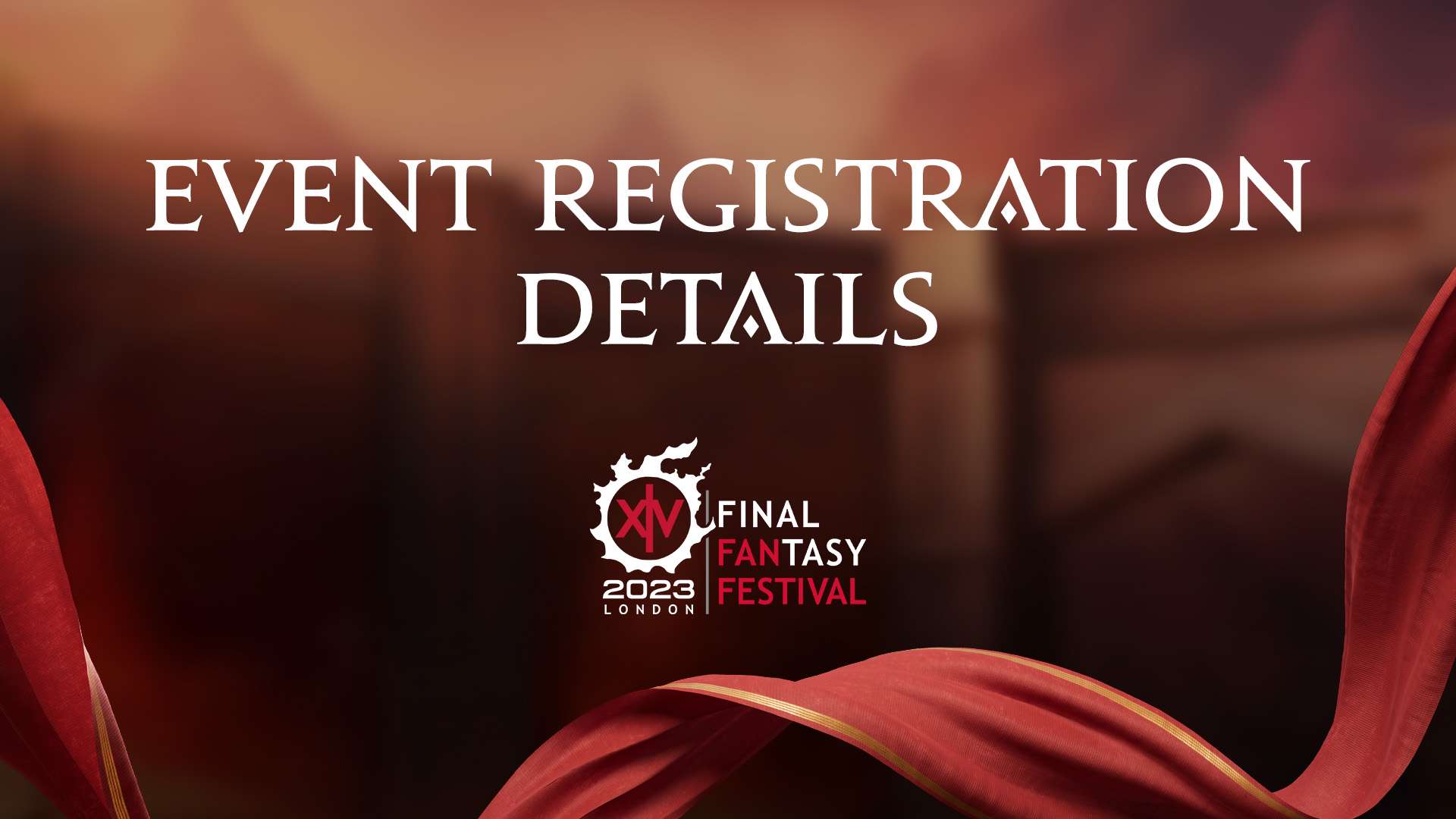 A red banner with a red ribbon flowing along the bottom. Banner text reads event registration details.