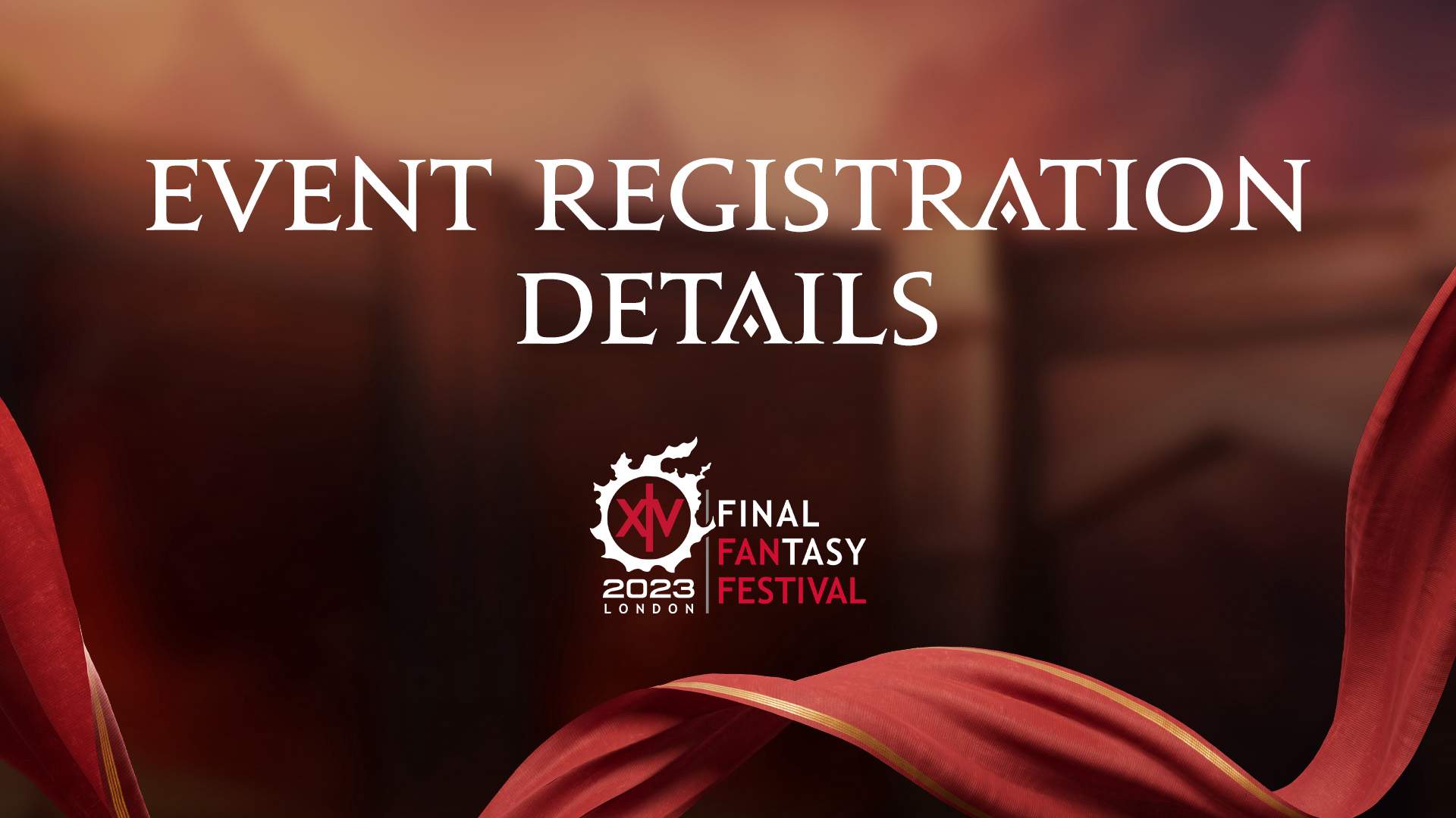 A red banner with a red ribbon flowing along the bottom. Banner text reads event registration details.