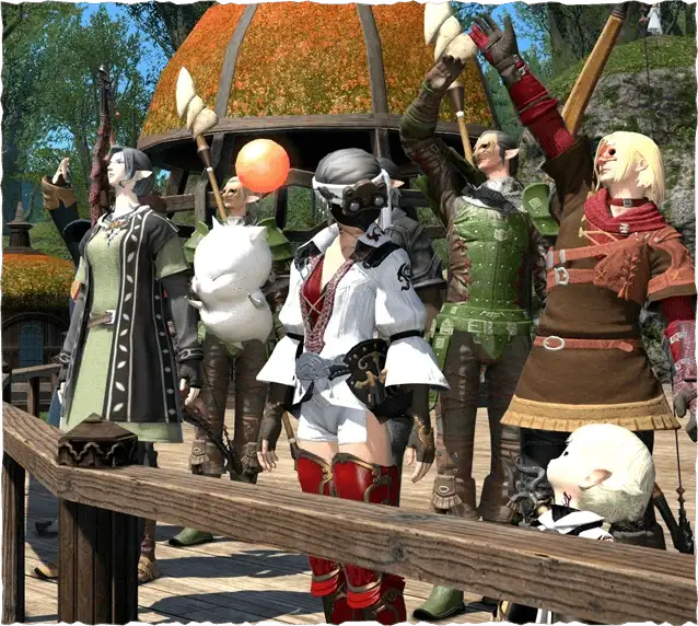Eine Gruppe von Charakteren mit einem Mogry in Gridania. 
