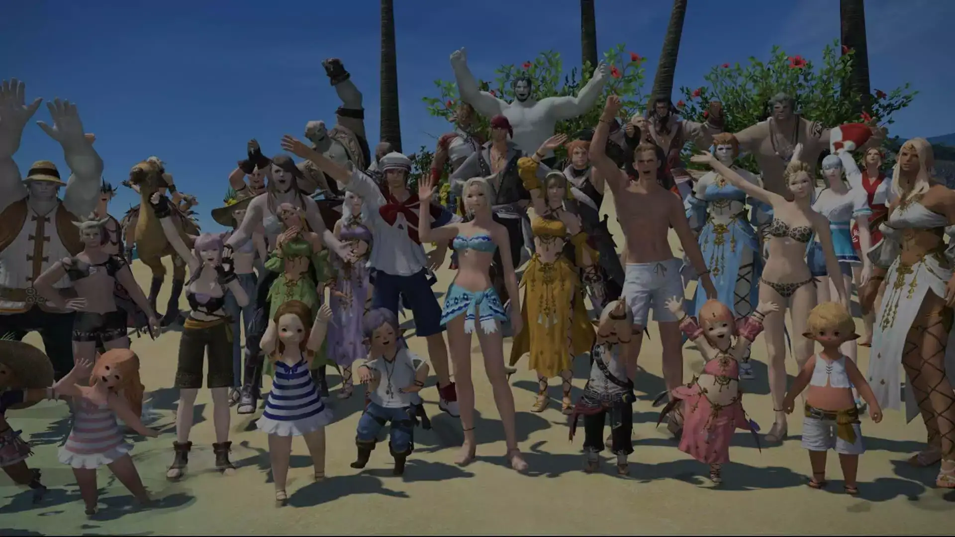 Ein Gruppenfoto vieler verschiedener Charaktere in sommerlichen Outfits, die an einem Sandstrand versammelt sind und dem Betrachtenden zuwinken.