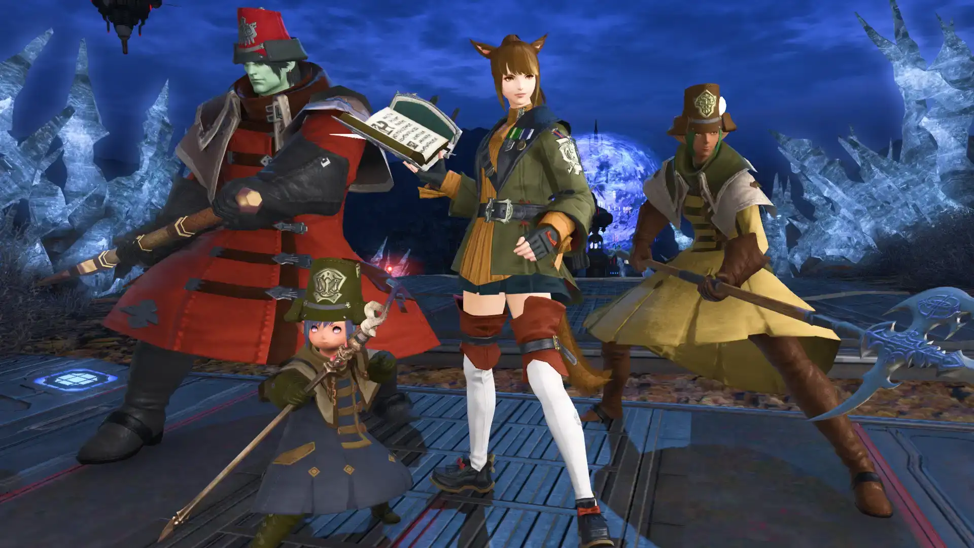 Vier Charaktere posieren gemeinsam als Leichter Trupp und unterstützen Spielende über die Inhaltshelfer-Funktion.