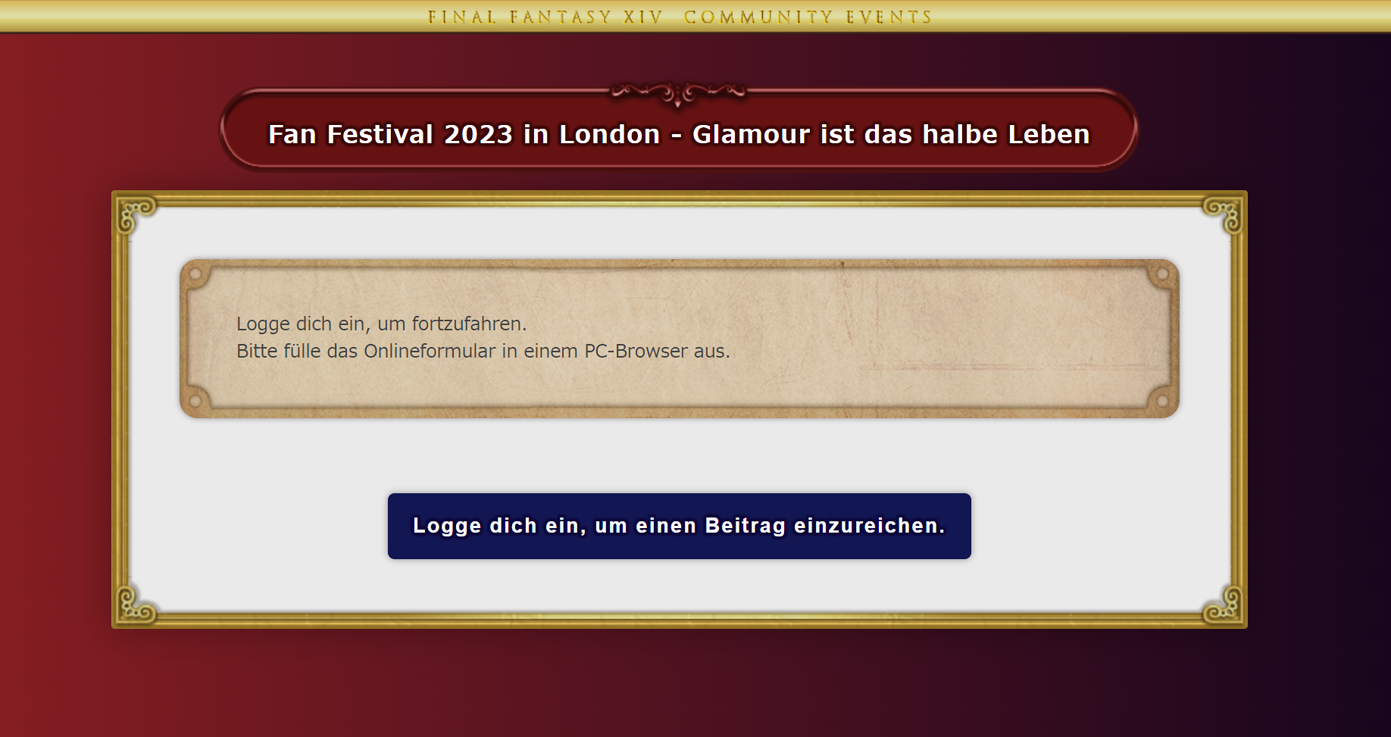 Ein Screenshot der Login-Website für die Kostümschau des Fan Festivals 2023 in London. Ein Textfeld weist darauf hin, einen PC-Browser für die Anmeldung zu nutzen. Darunter ist das Login-Feld.