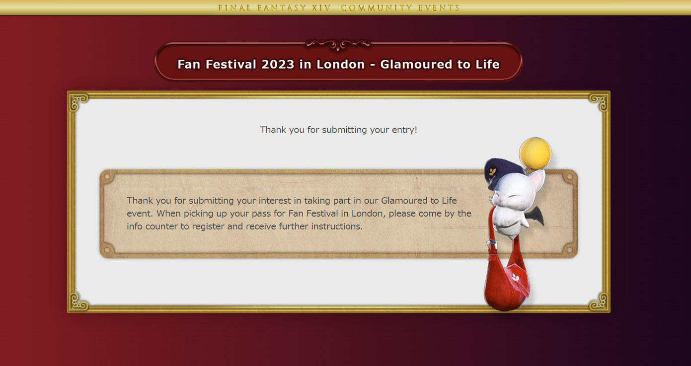A screenshot confirming the successful registration for participating in Glamoured to Life. A postmoogle is next to a text box that says that participants will receive more details at the info counter